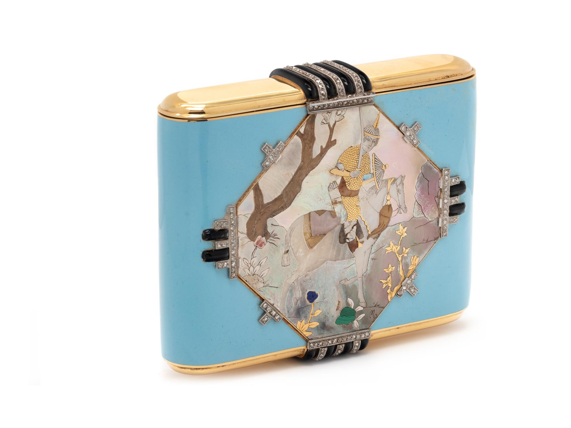 A Vladimir Makovsky Decorated Art Deco Gold and Diamond, Platinum, Mother of Pearl and Hardstone-Mounted Enameled Cigarette Case