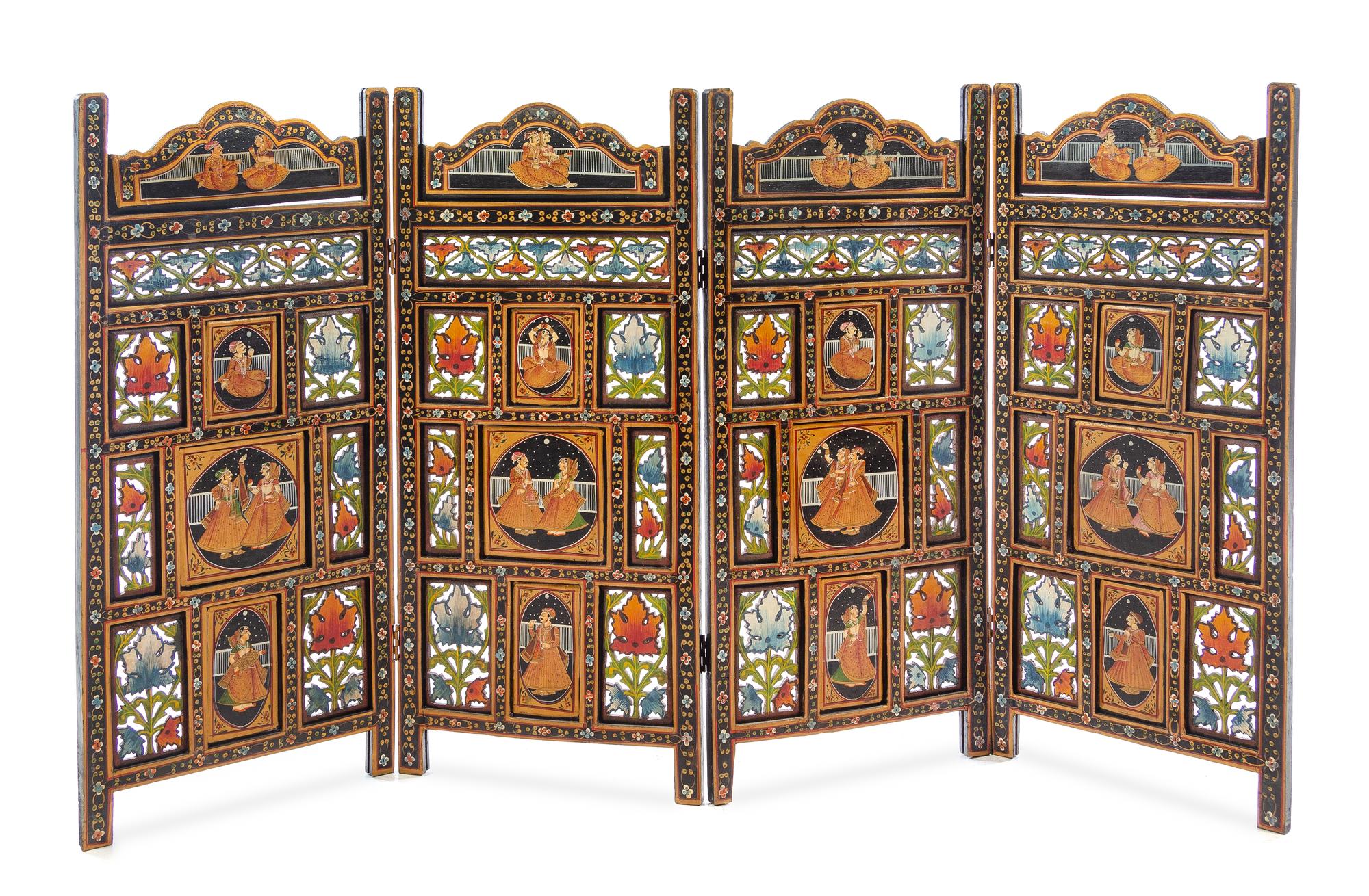 An Indian Carved Four-Panel Painted Floor Screen