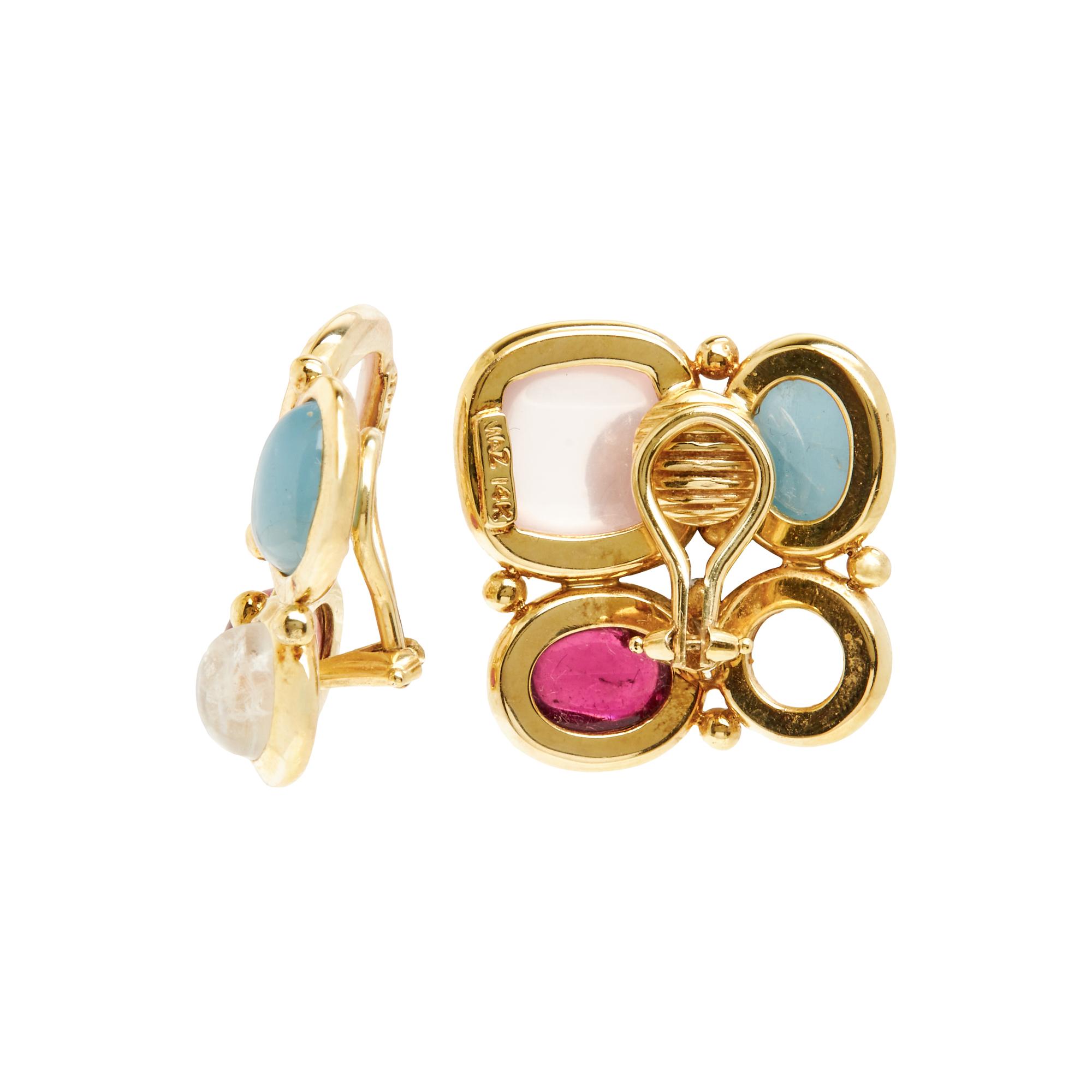 YELLOW GOLD AND MULTIGEM CLIP EARRINGS AND BRACELET