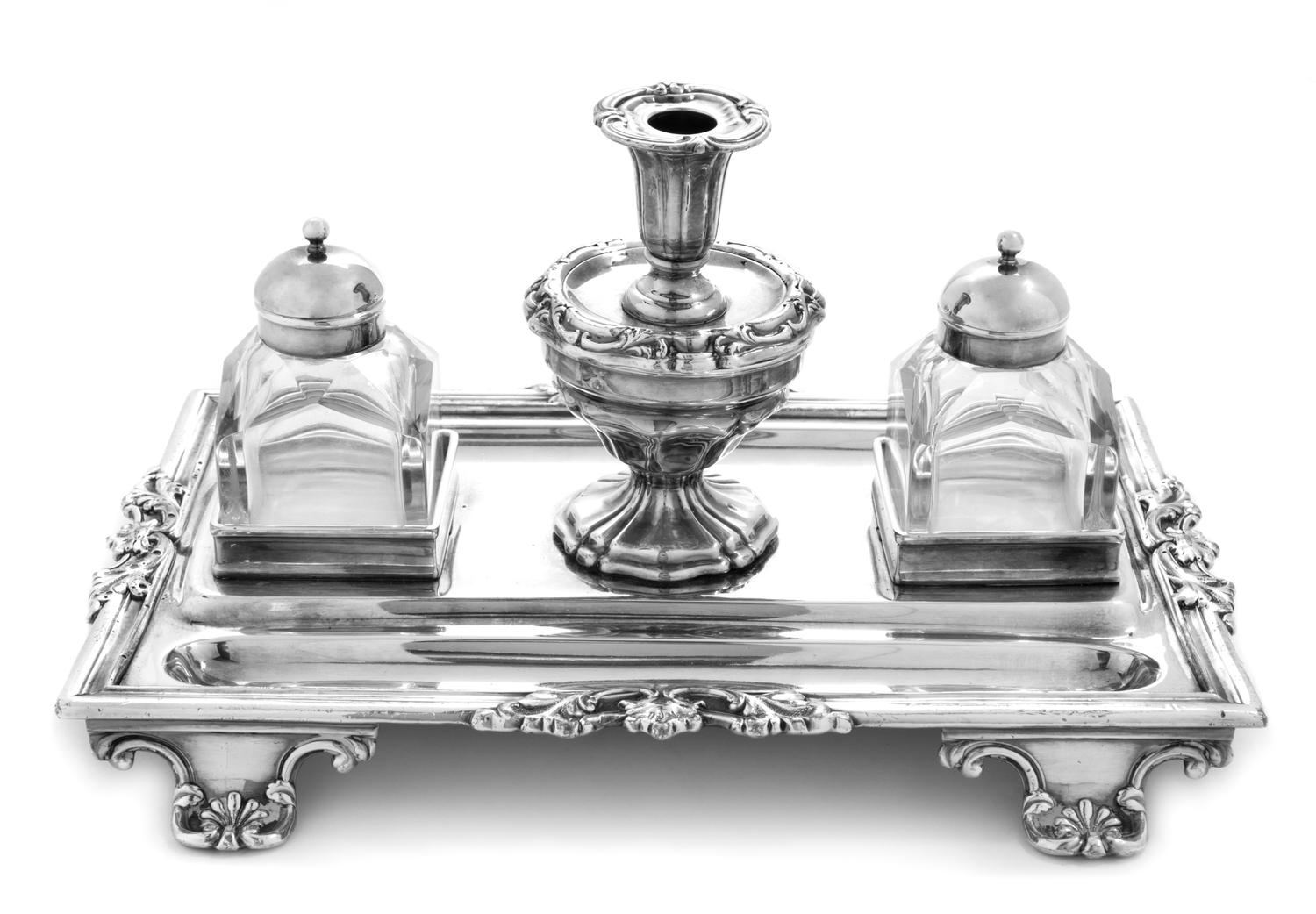 An English Silver-Plate Inkstand Width 9 1/2 inches.