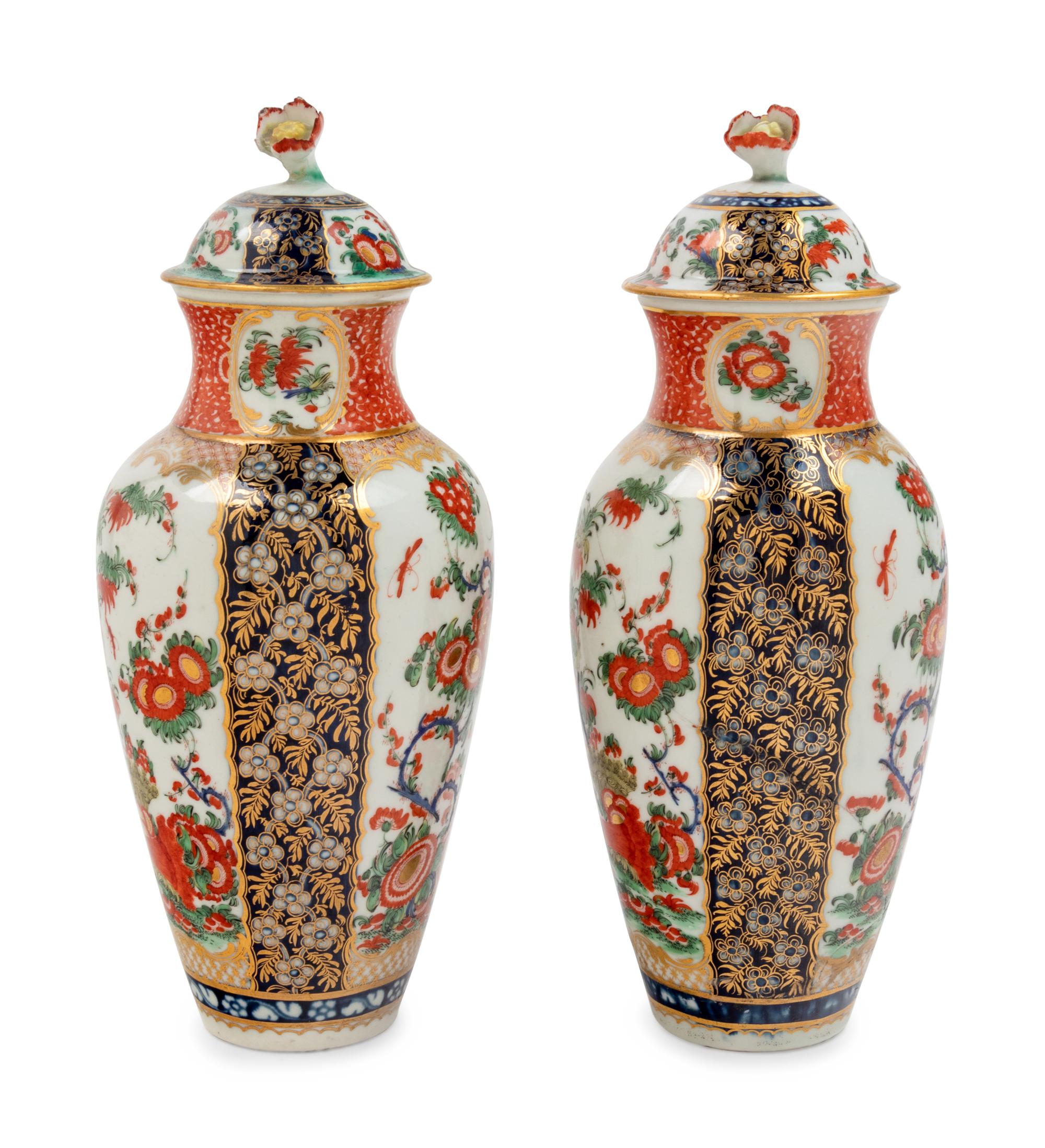 A Pair of Worcester Kakiemon Porcelain Vases and Covers
