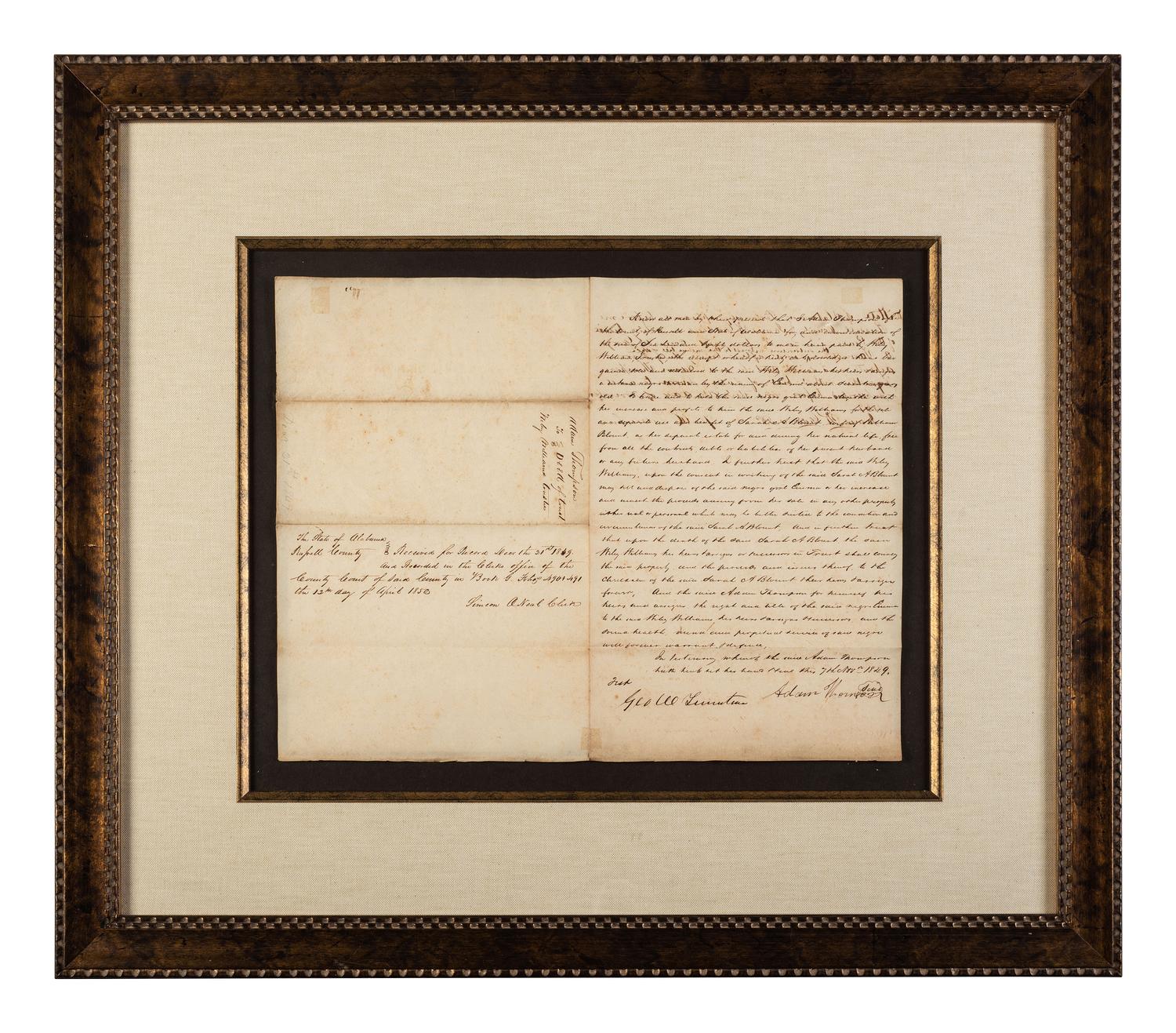 [ENSLAVEMENT & ABOLITION]. Bill of sale referencing African American enslaved woman, Eunice. Russell County, Alabama, November 1849.