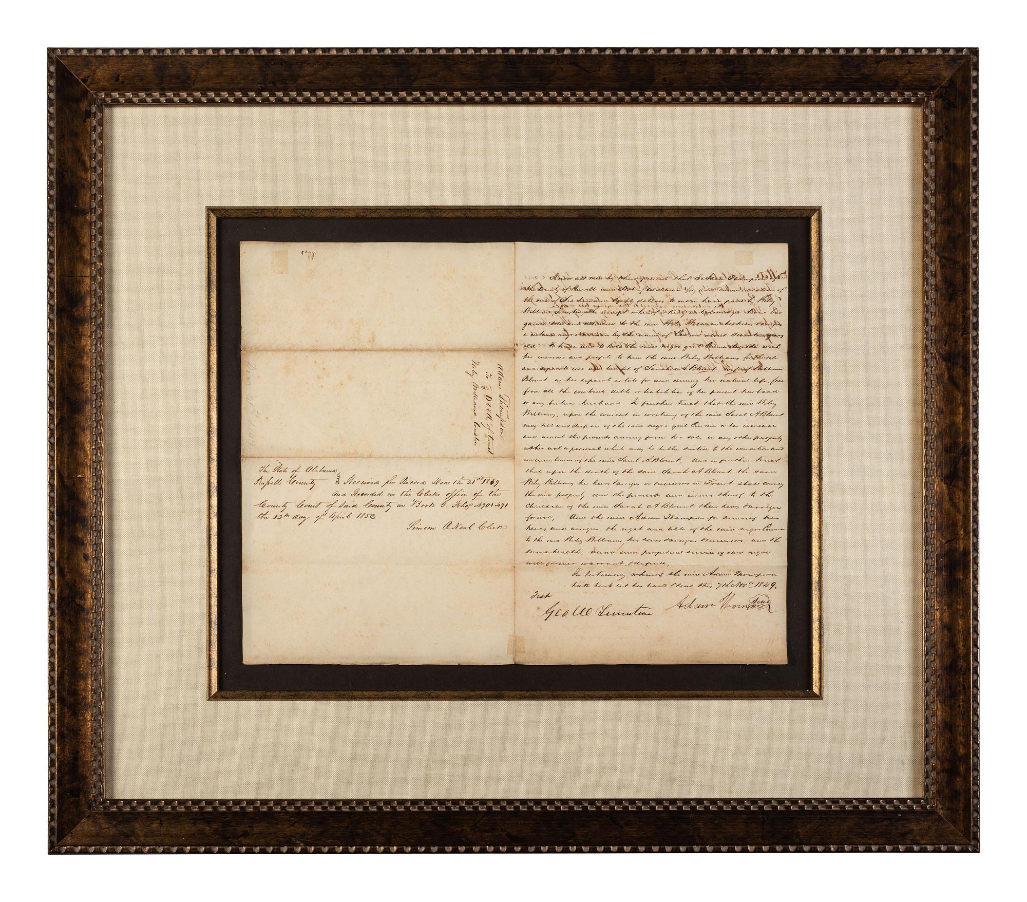 [ENSLAVEMENT & ABOLITION]. Bill of sale referencing African American enslaved woman, Eunice. Russell County, Alabama, November 1849.