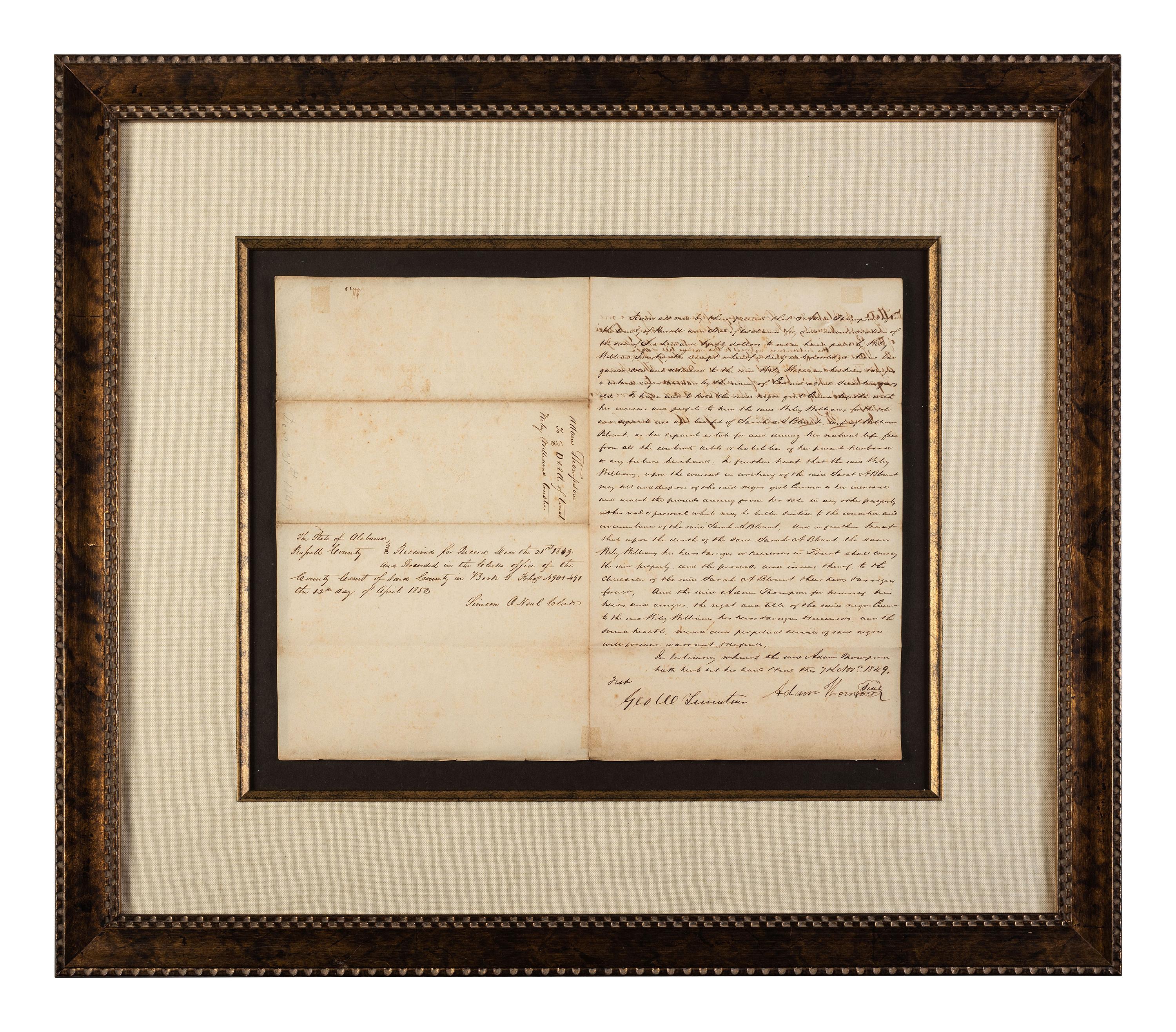 [ENSLAVEMENT & ABOLITION]. Bill of sale referencing African American enslaved woman, Eunice. Russell County, Alabama, November 1849.