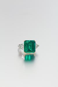A Platinum, 18 Karat Yellow Gold, Emerald and Diamond Ring, Harry Winston, 6.20 dwts.