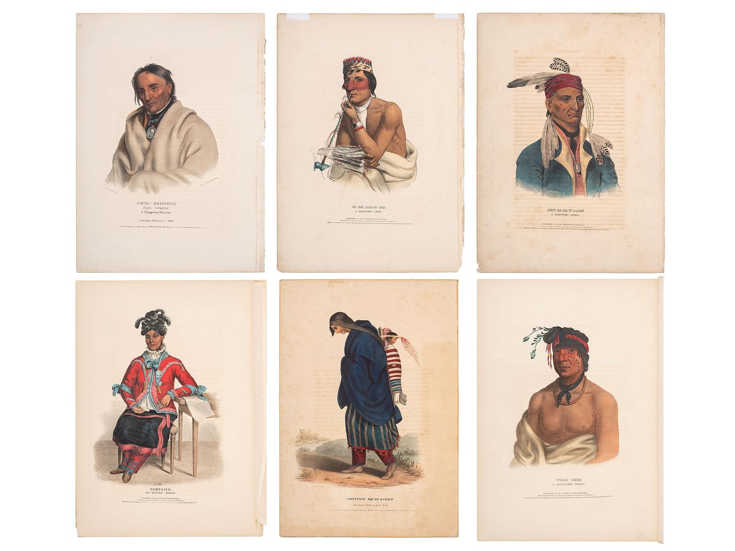 [McKENNEY & HALL]. A group of 6 large folio hand-colored lithographs of Chippewa and Ojibwe. 1836-1838.