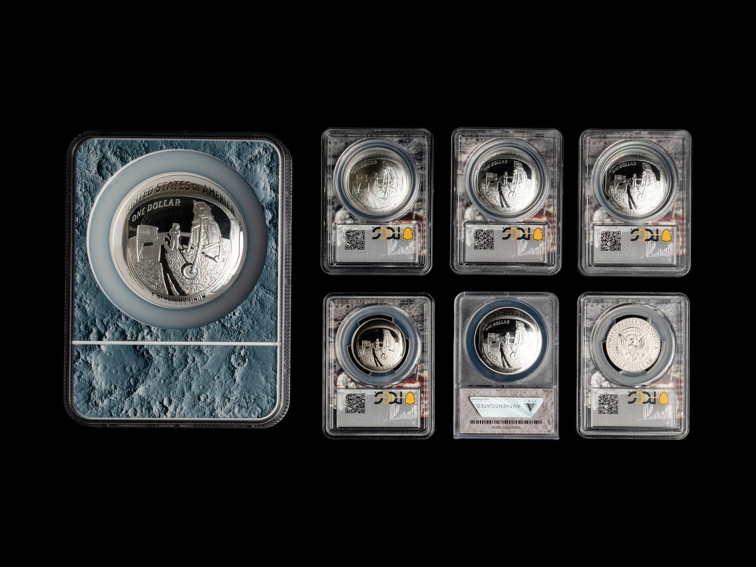A Group of Seven 2019 NGC, PCGS and ANACS Graded MS70/PF70 Apollo 11 Commemorative Coins