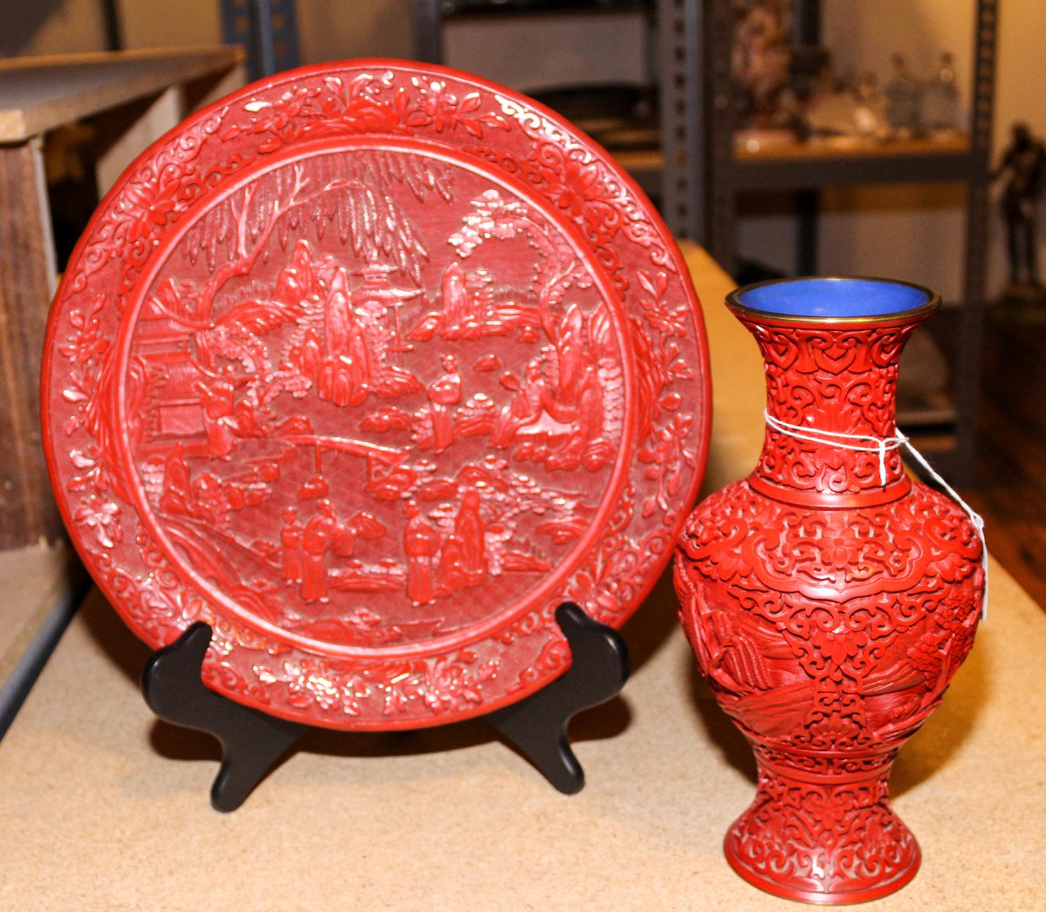 A Cinnabar Vase and Plate Height of vase 10 inches; diameter of plate 12 3/8 inches.