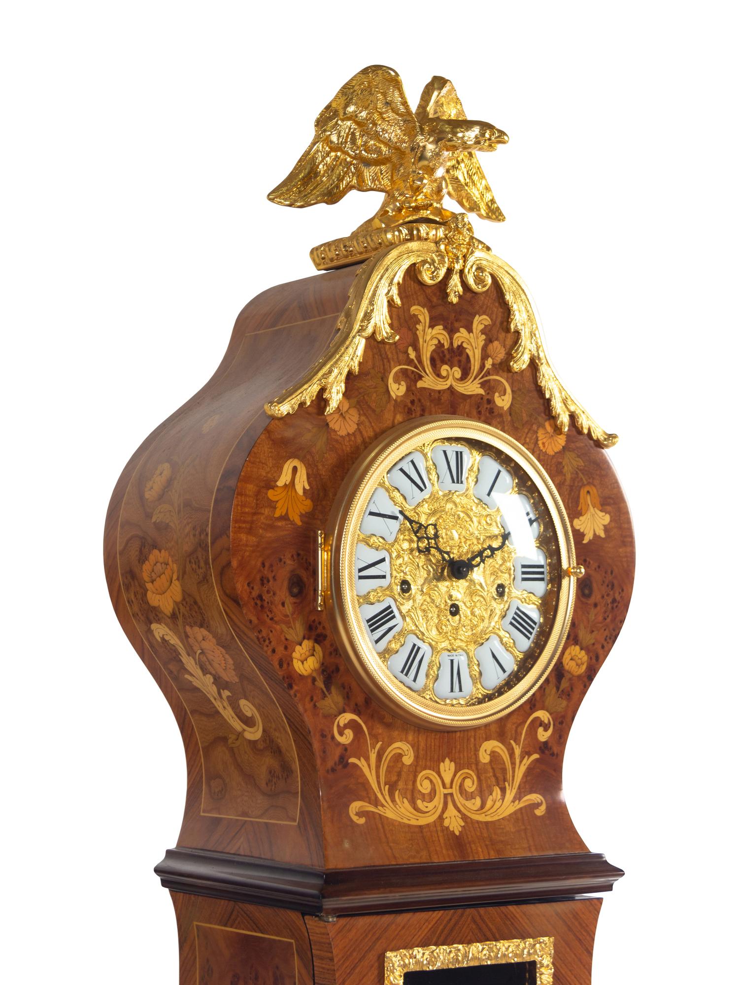 An Italian Gilt Metal Mounted Marquetry Tall Case Clock
