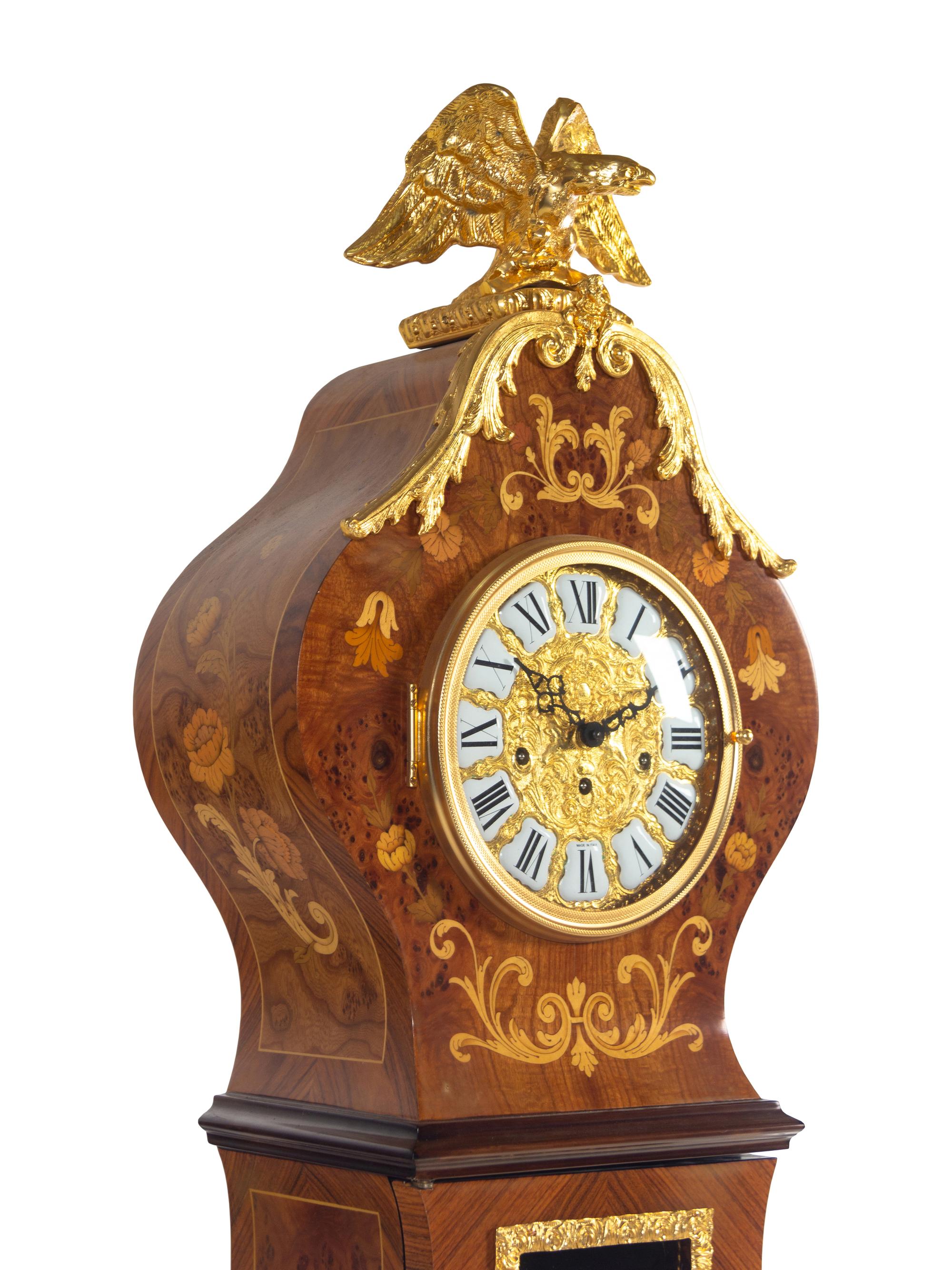 An Italian Gilt Metal Mounted Marquetry Tall Case Clock