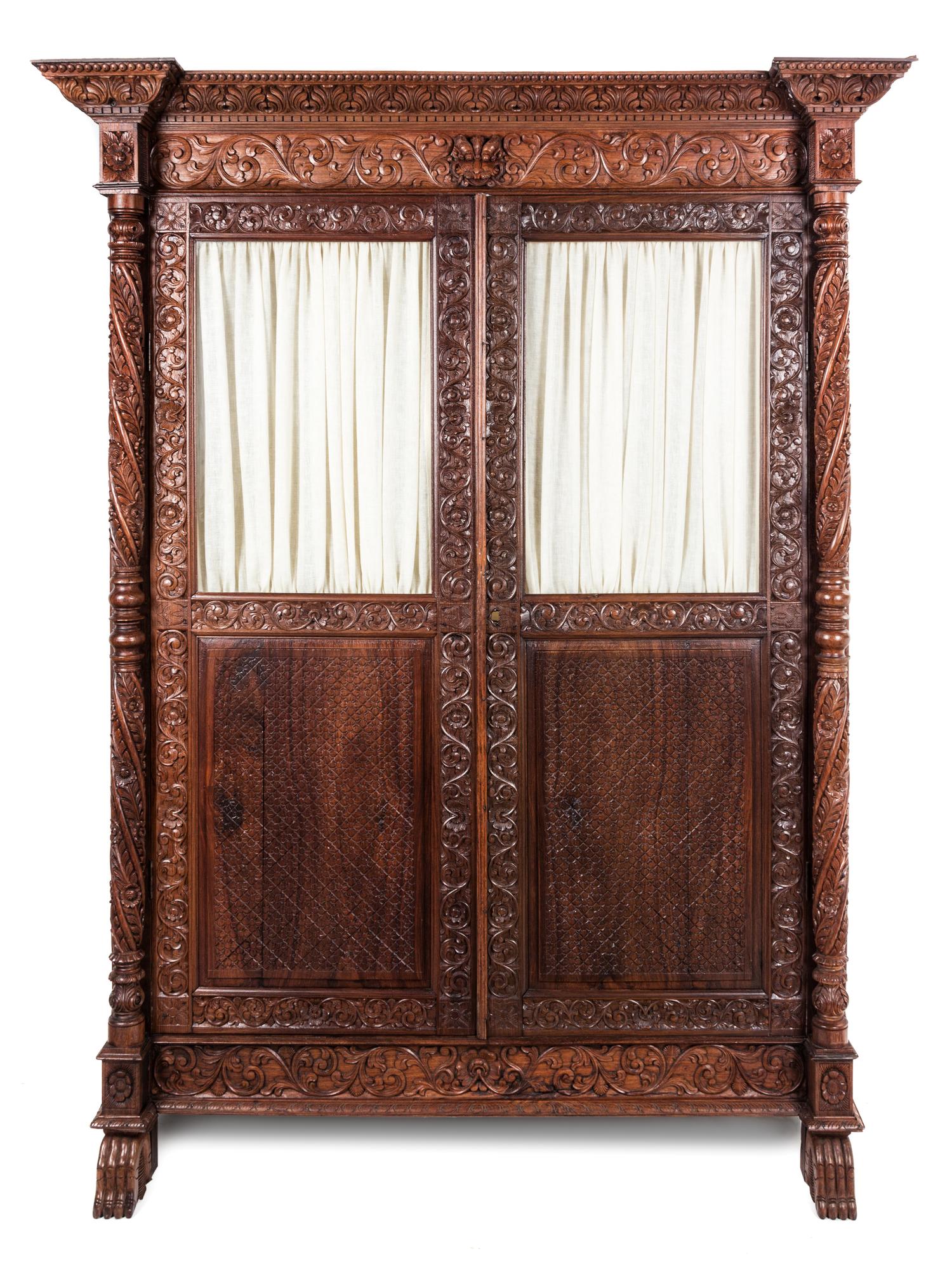 A Colonial Carved Hardwood Clothes Press Height 72 1/2 x width 54 x depth 26 inches. — 19TH CENTURY