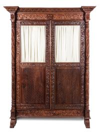 A Colonial Carved Hardwood Clothes Press Height 72 1/2 x width 54 x depth 26 inches. — 19TH CENTURY