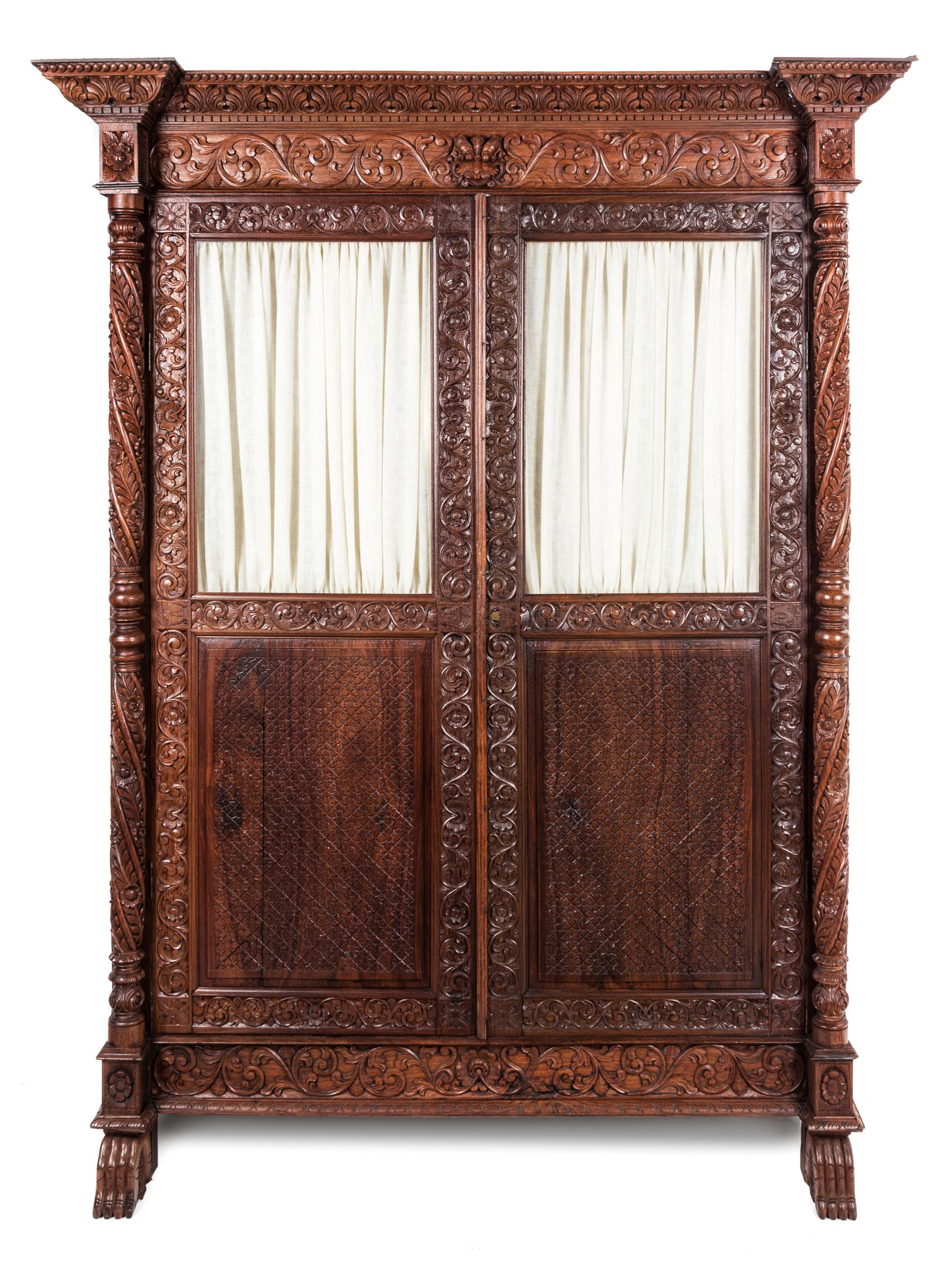 A Colonial Carved Hardwood Clothes Press Height 72 1/2 x width 54 x depth 26 inches. — 19TH CENTURY