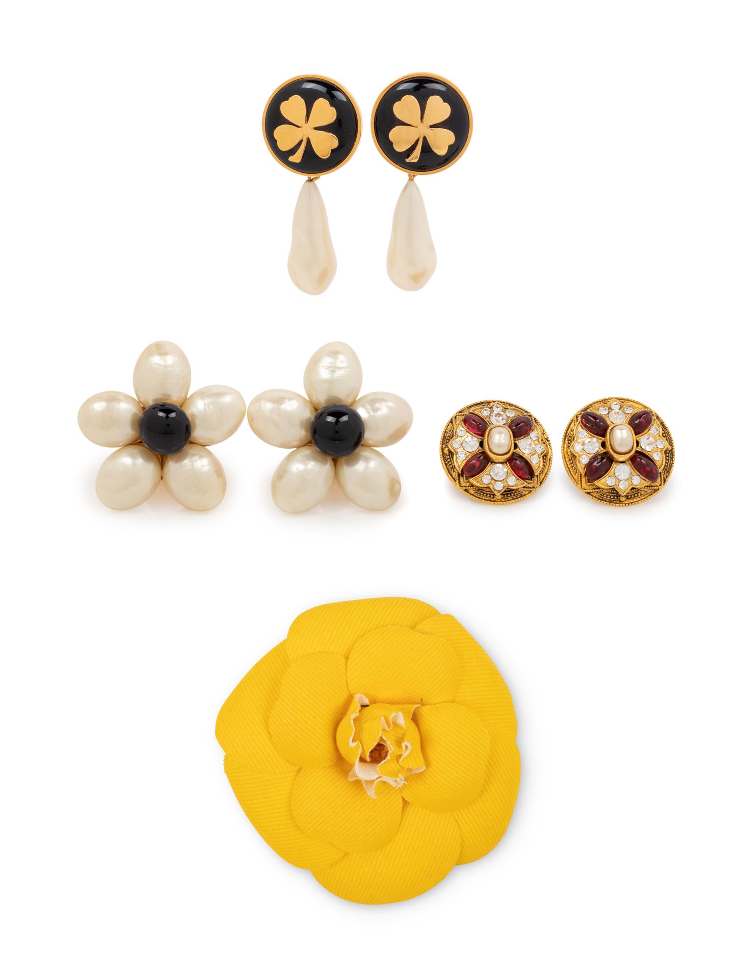 Four Chanel Accessories: Three Ear Clips & One Camellia Pin, 1980-90s