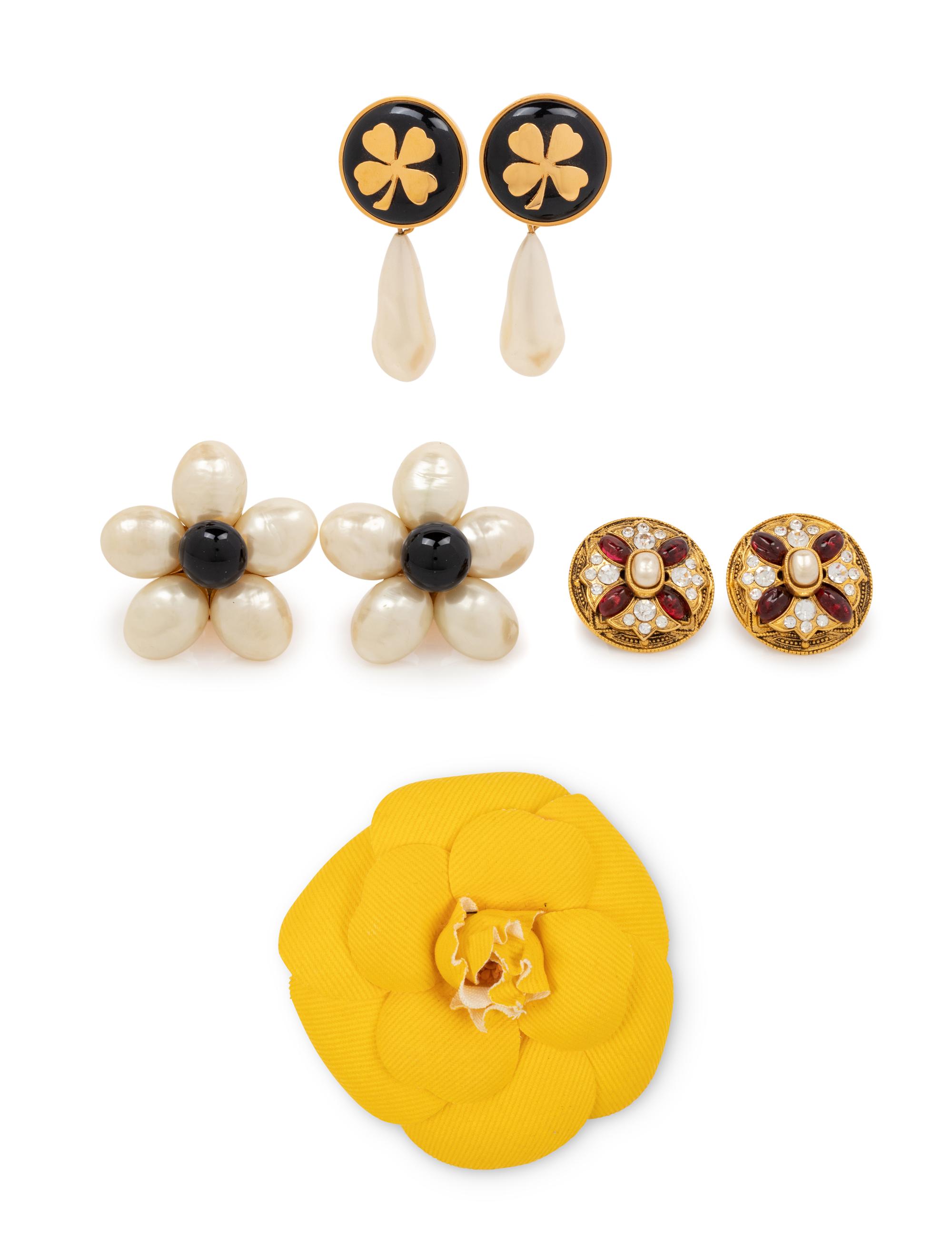 Four Chanel Accessories: Three Ear Clips & One Camellia Pin, 1980-90s