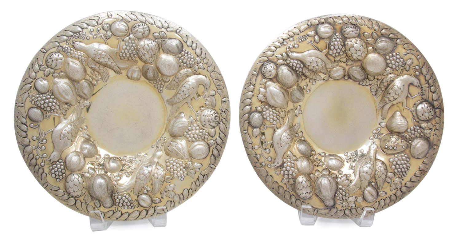 A Pair of Continental Silver Bowls, Mark of Goerge Bedingham, London, 1824, each with raised fruit, grape clusters and birds around the
