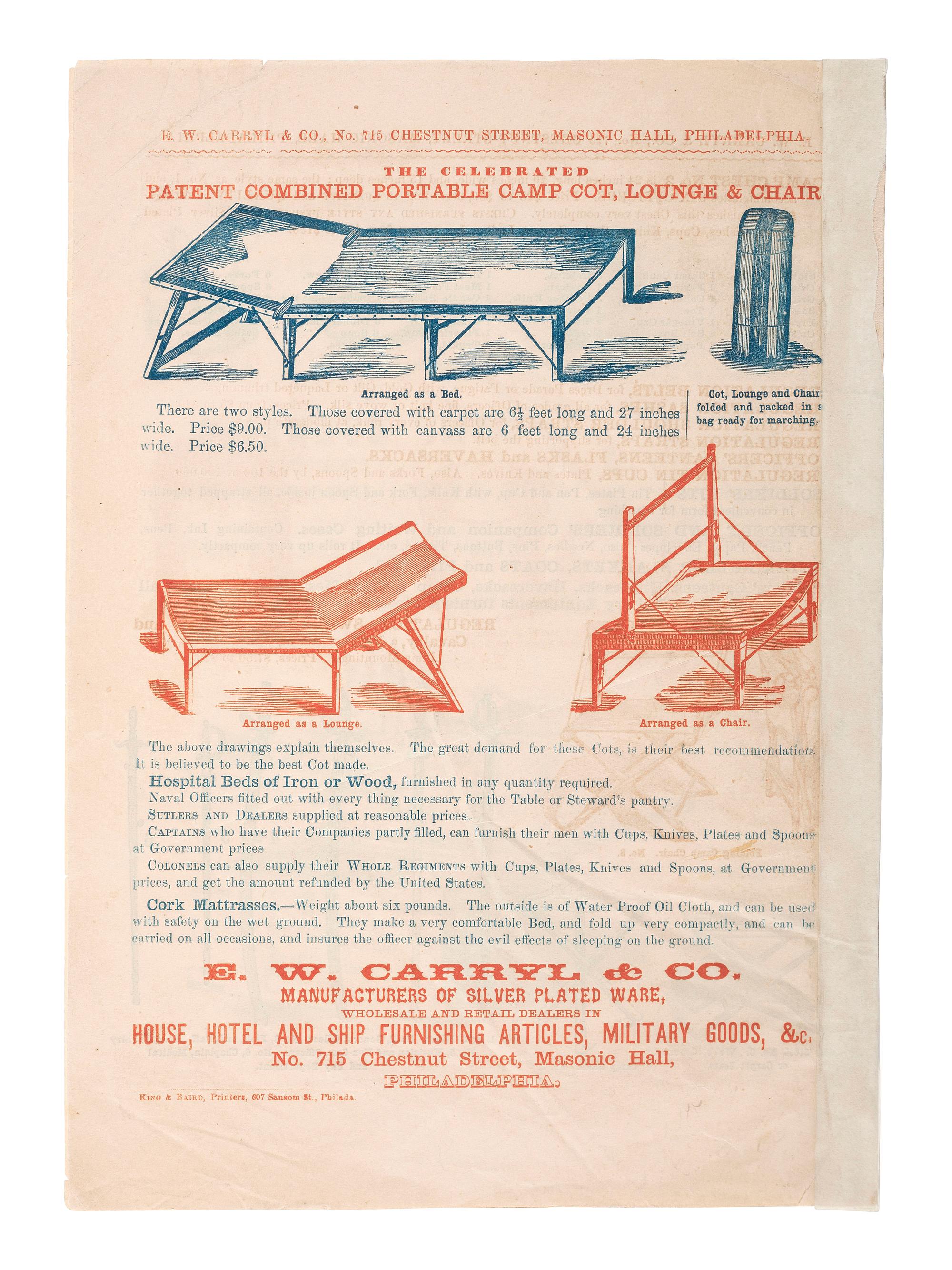 [CIVIL WAR]. E. W. Carryl & Co. ...Army & Navy Goods and Utensil Kit advertising booklet. Philadelphia: King & Baird, n.d.