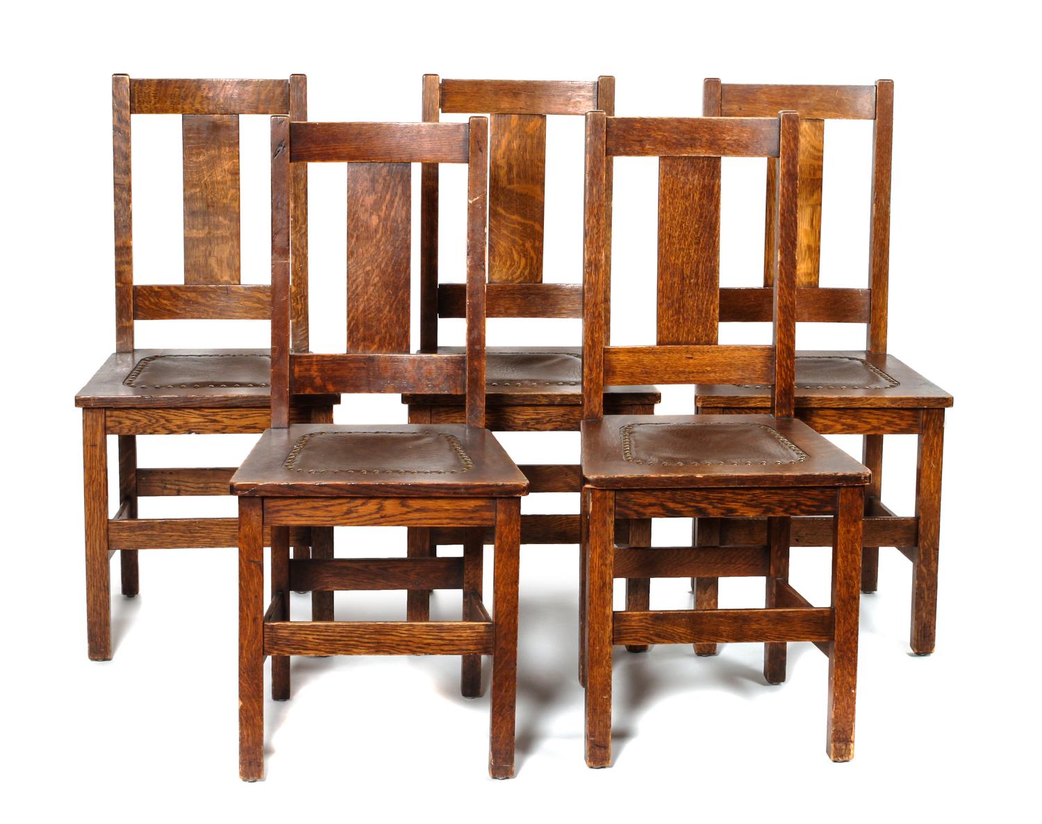 Seven American Arts & Crafts Oak Dining Chairs, Charles Limbert Height of arm chair: 39 inches