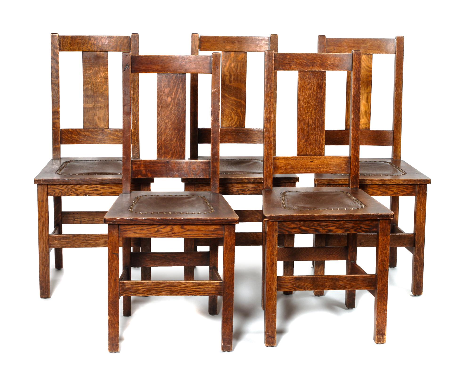 Seven American Arts & Crafts Oak Dining Chairs, Charles Limbert Height of arm chair: 39 inches