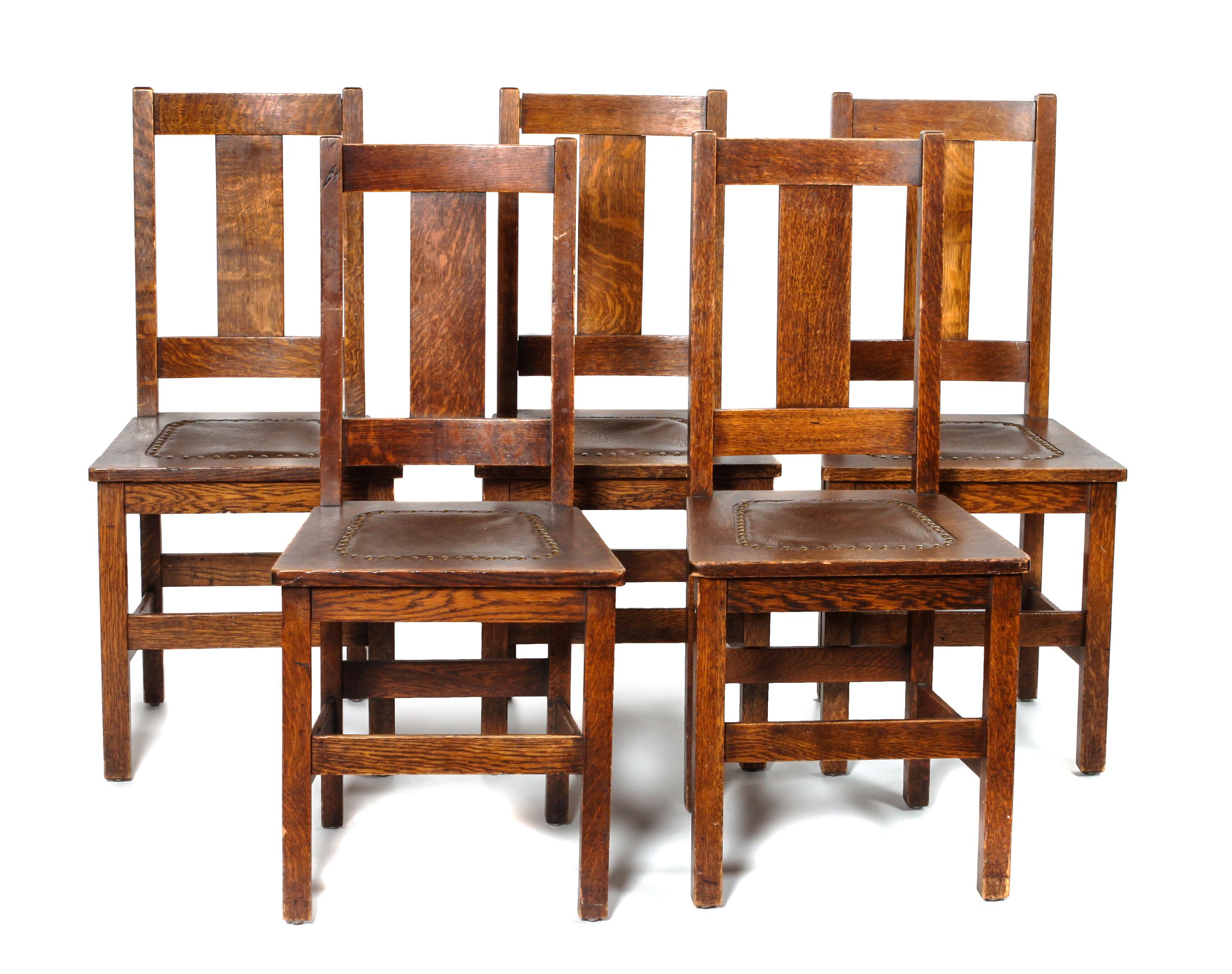 Seven American Arts & Crafts Oak Dining Chairs, Charles Limbert Height of arm chair: 39 inches