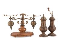 A Wood and Brass Scale, Salt Shaker and Pepper Mill