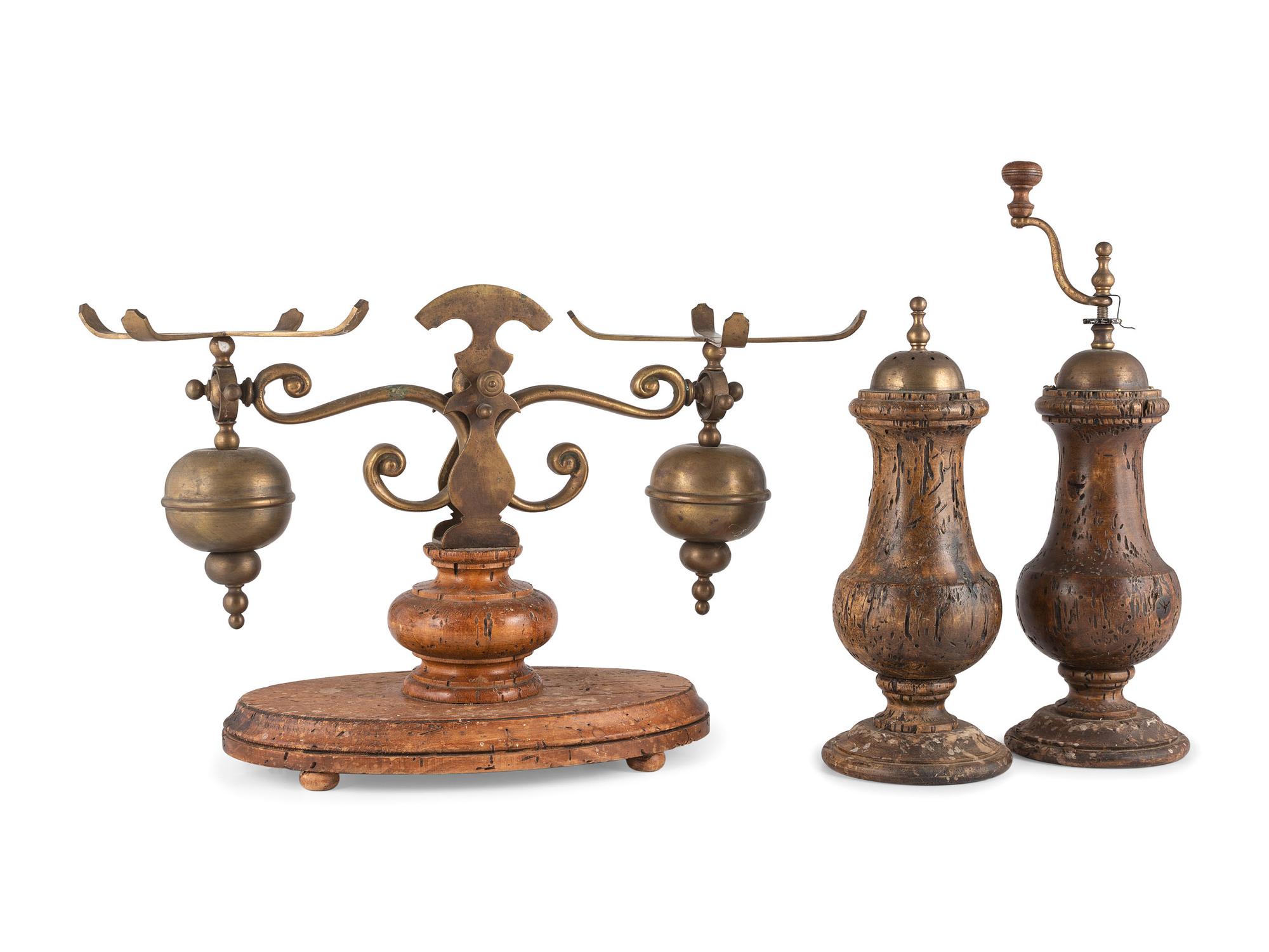 A Wood and Brass Scale, Salt Shaker and Pepper Mill