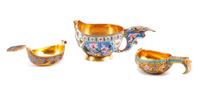Three Russian Enameled Silver Kovshi, Various Makers, Late 19th/Early 20th Century, each having an exterior decorated with polychrome f