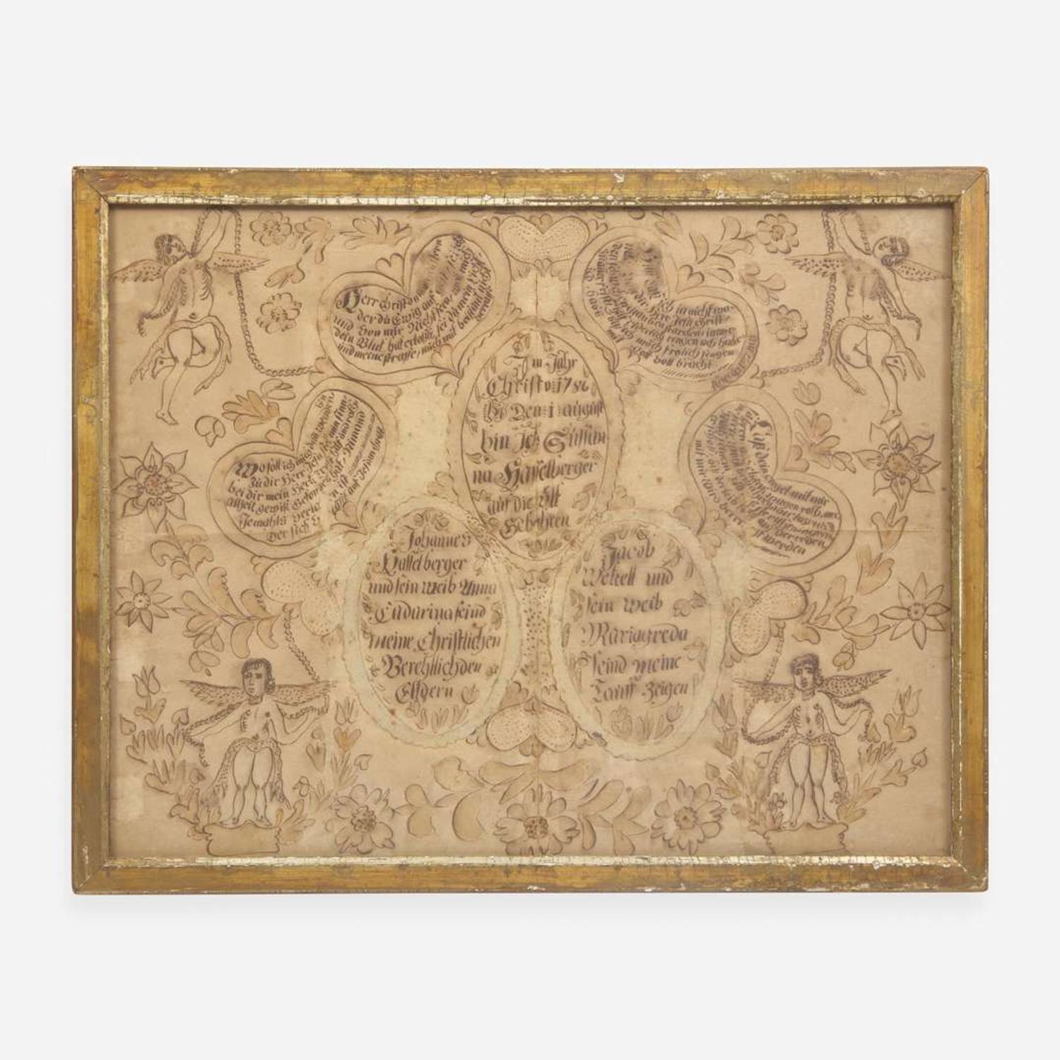 Attributed to the Manor Township Artist; A Fraktur drawing for the Hasselberger Family, dated "1786"