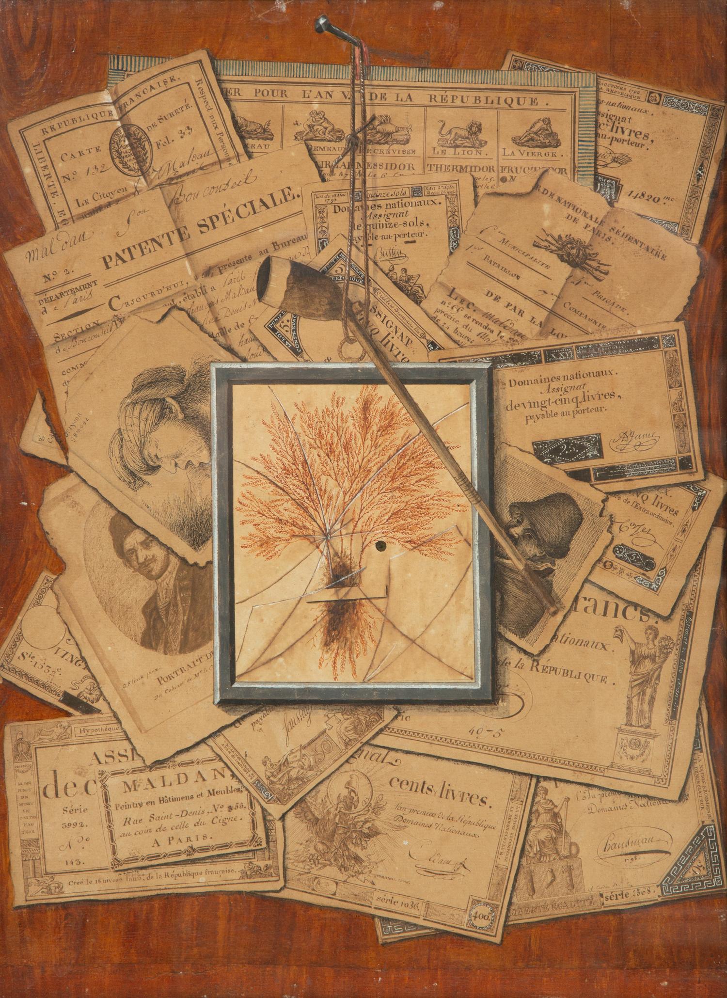Tromp l'oeil of documents, dried herbs and a pipe hanging from a string on a nail