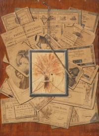 Tromp l'oeil of documents, dried herbs and a pipe hanging from a string on a nail