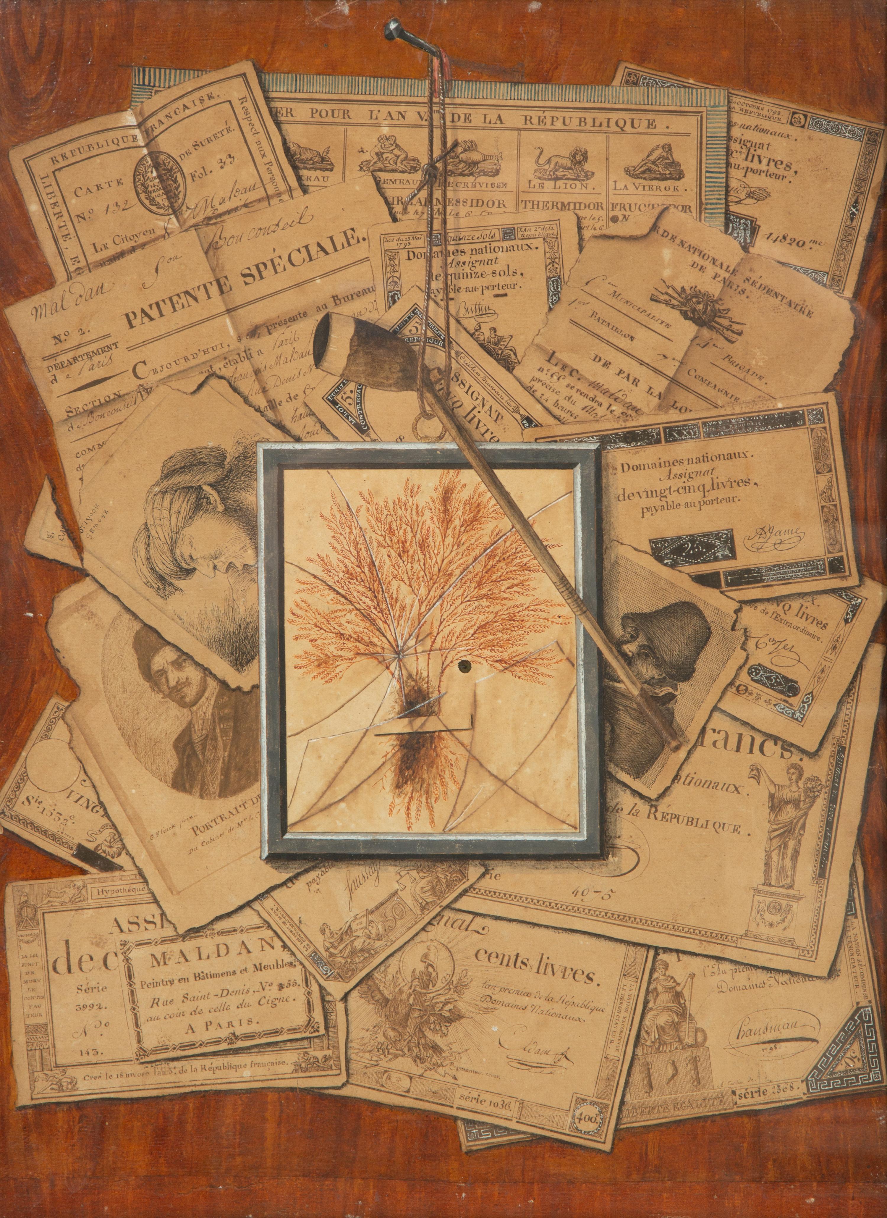 Tromp l'oeil of documents, dried herbs and a pipe hanging from a string on a nail