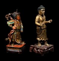 Two Chinese Gilt, Red and Polychrome Painted Wood Figures