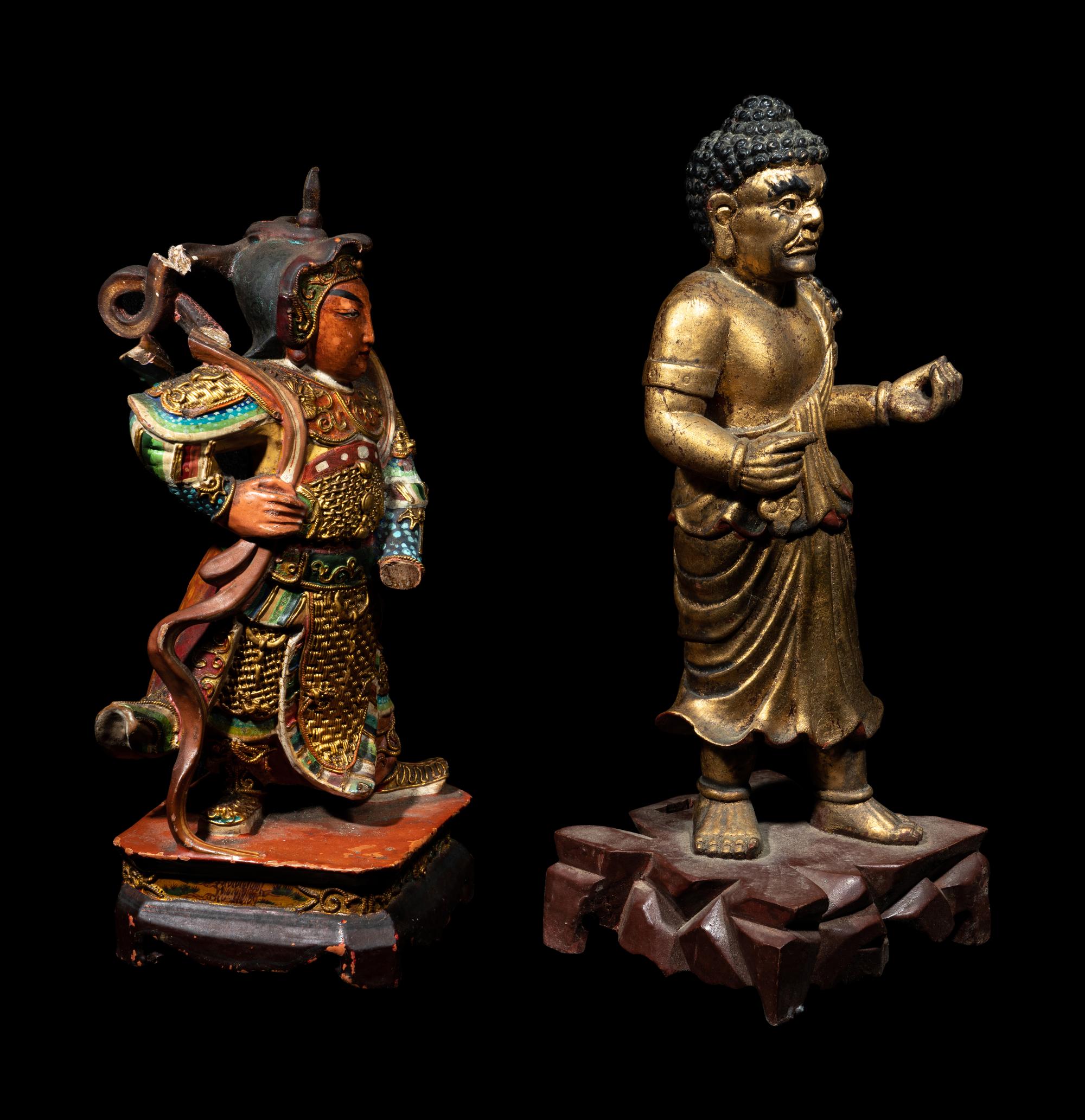 Two Chinese Gilt, Red and Polychrome Painted Wood Figures
