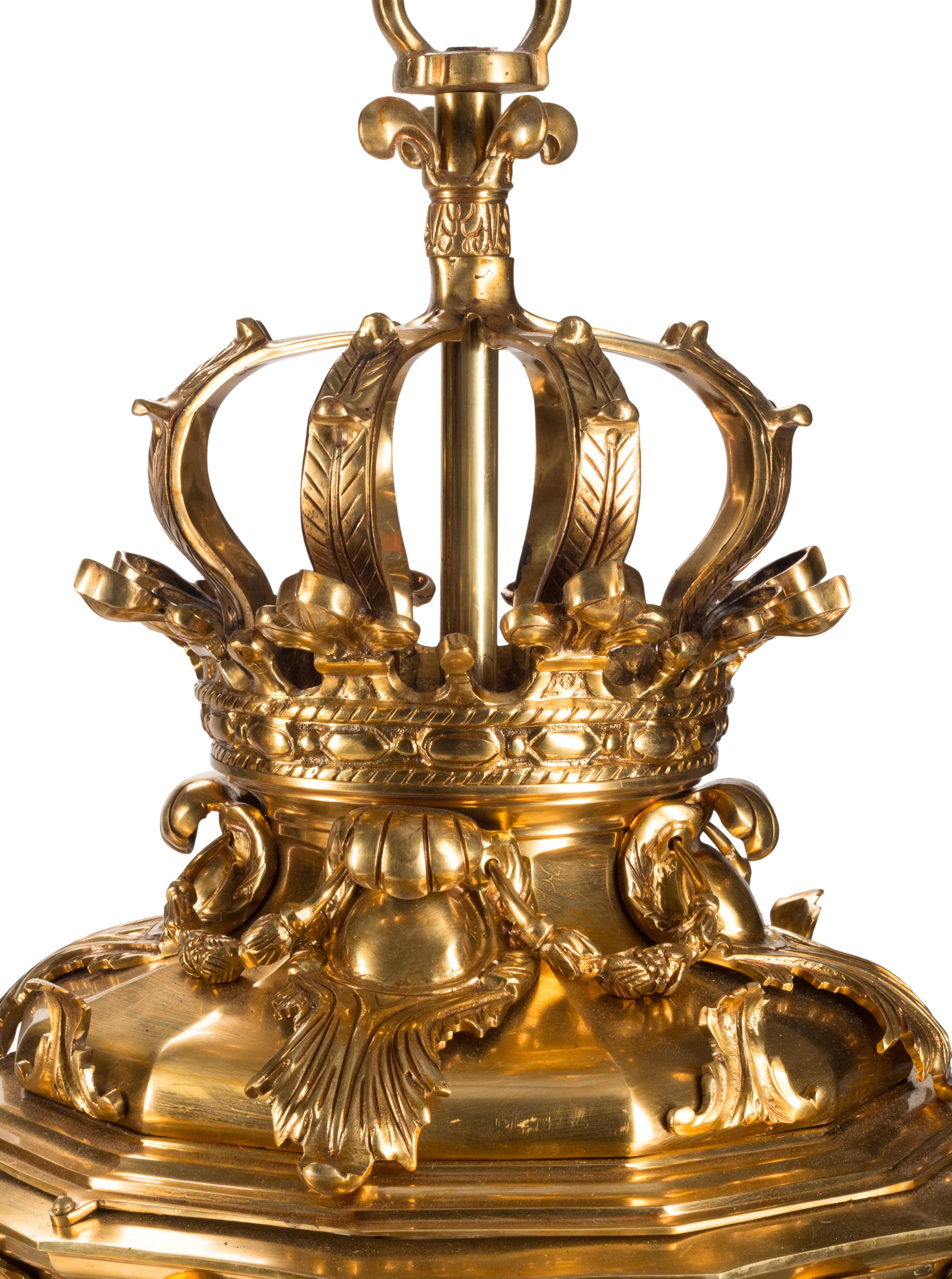 A Pair of French Neoclassical Style Gilt Bronze and Etched Glass Hall Lanterns