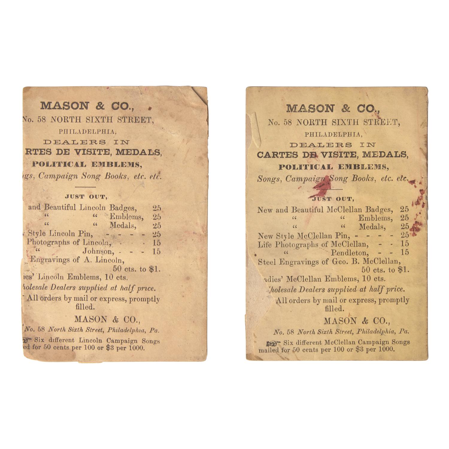 [Presidential] [Lincoln, Abraham and George B. McClellan]. Pair of Printed Campaign Songsters