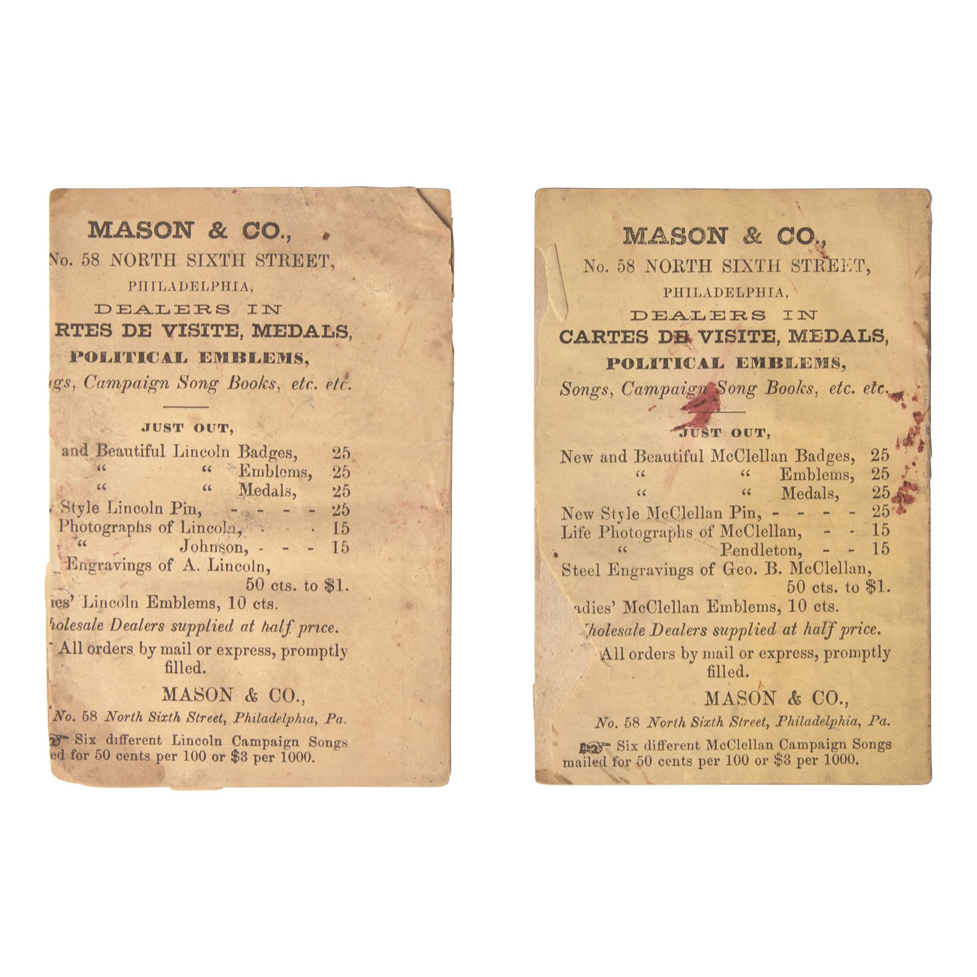 [Presidential] [Lincoln, Abraham and George B. McClellan]. Pair of Printed Campaign Songsters
