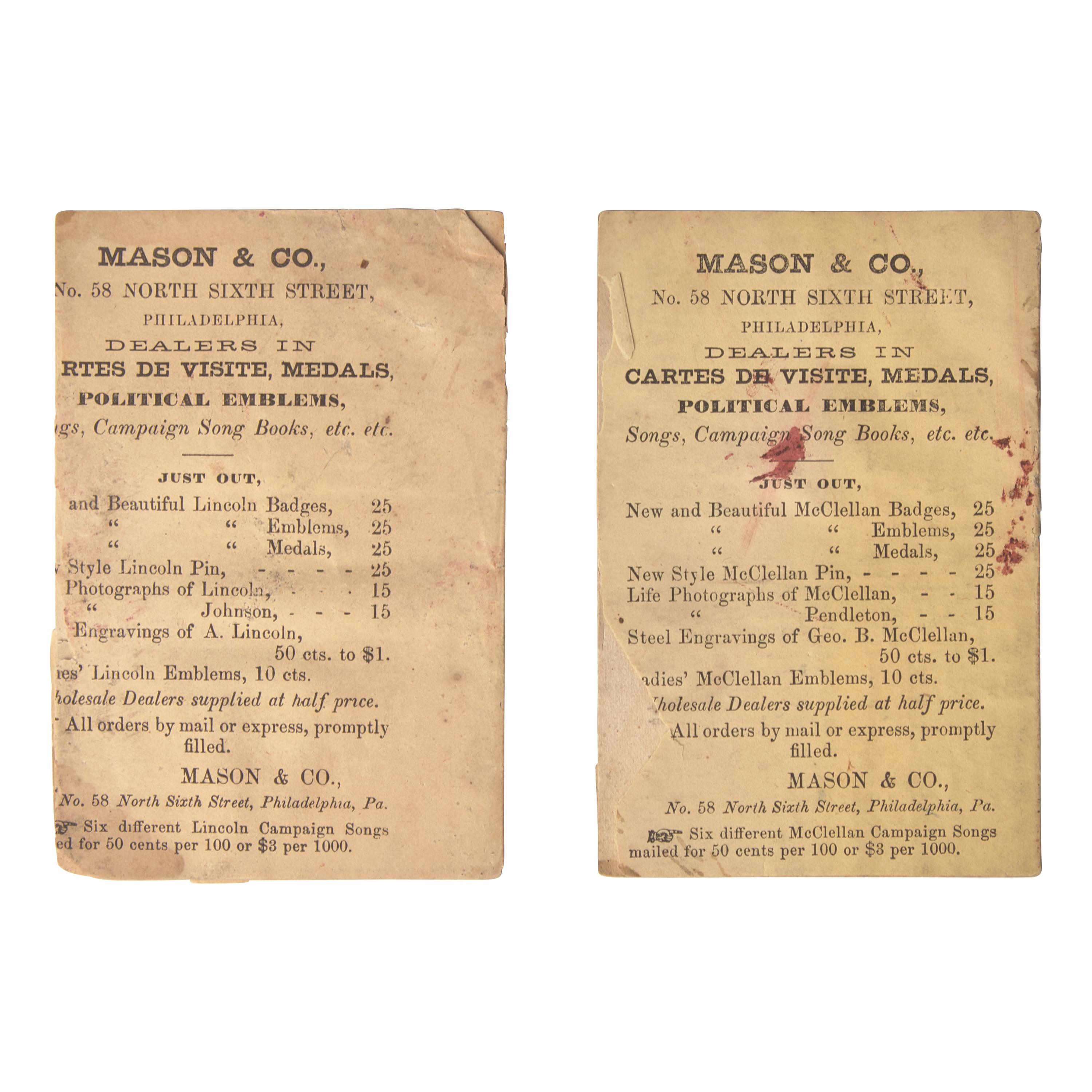 [Presidential] [Lincoln, Abraham and George B. McClellan]. Pair of Printed Campaign Songsters