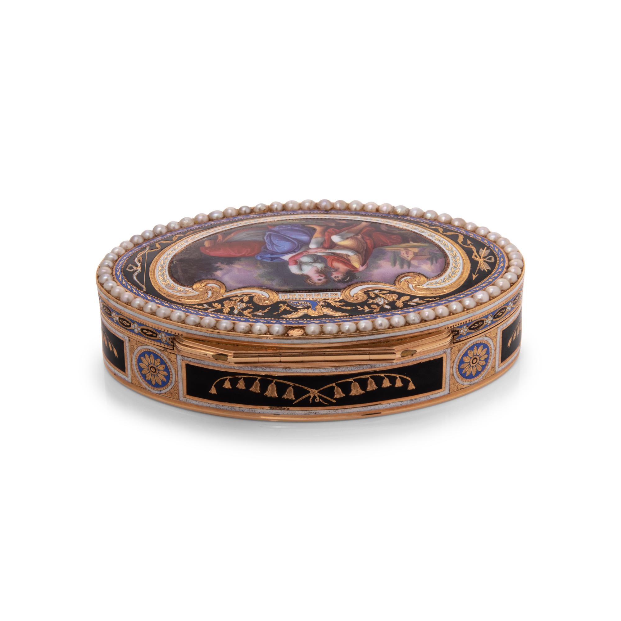 A Swiss Gold, Enamel and Split-Pearl Mounted Snuff Box