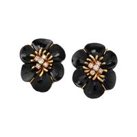 BLACK HARDSTONE AND DIAMOND FLOWER CLIP EARRINGS