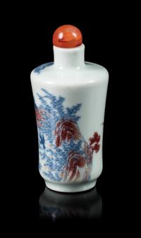A Copper Red, Blue and White Porcelain Snuff Bottle Height overall 3 1/4 inches. — 19TH CENTURY