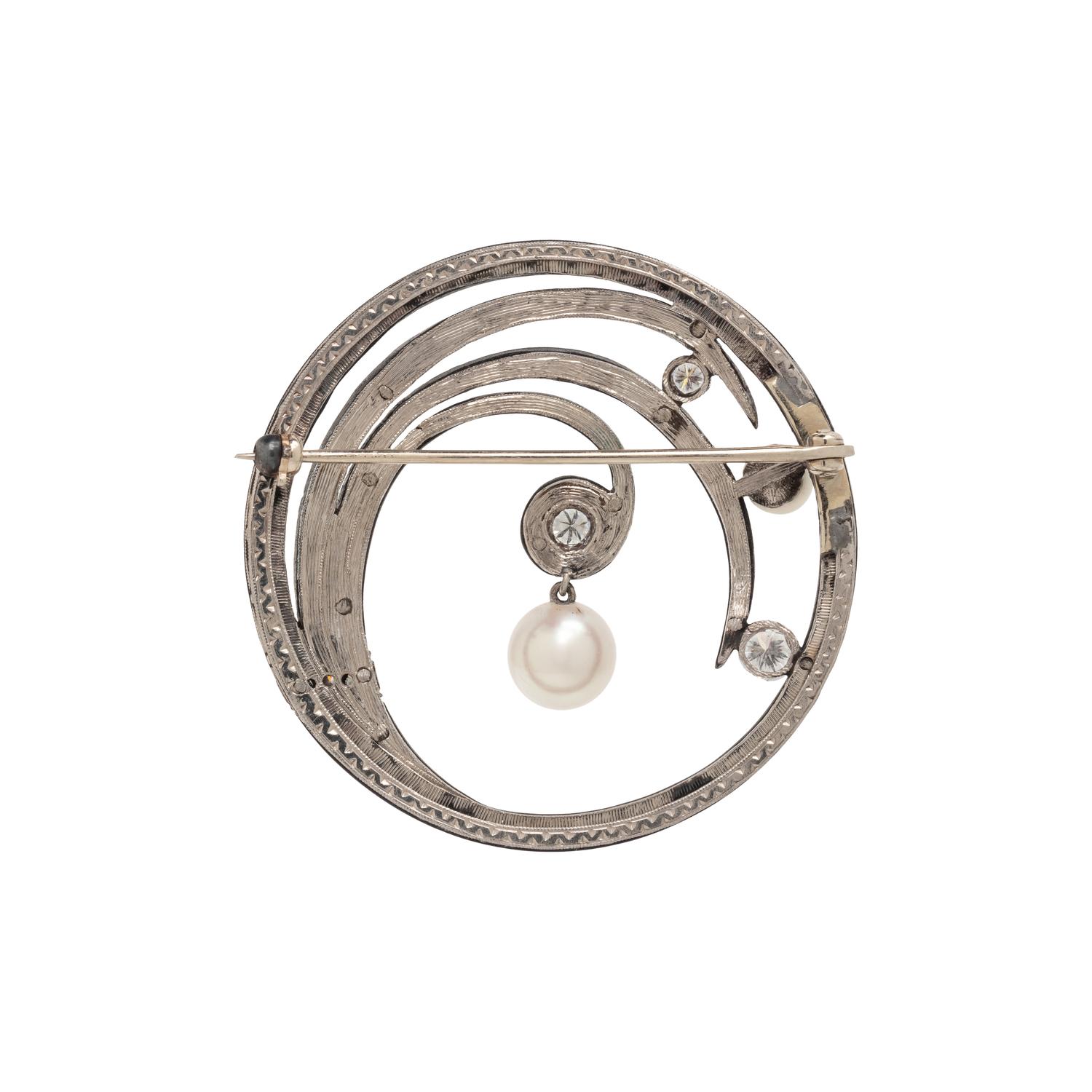 MARSH & CO., STEEL, DIAMOND, AND CULTURED PEARL BROOCH