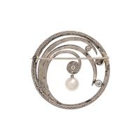 MARSH & CO., STEEL, DIAMOND, AND CULTURED PEARL BROOCH