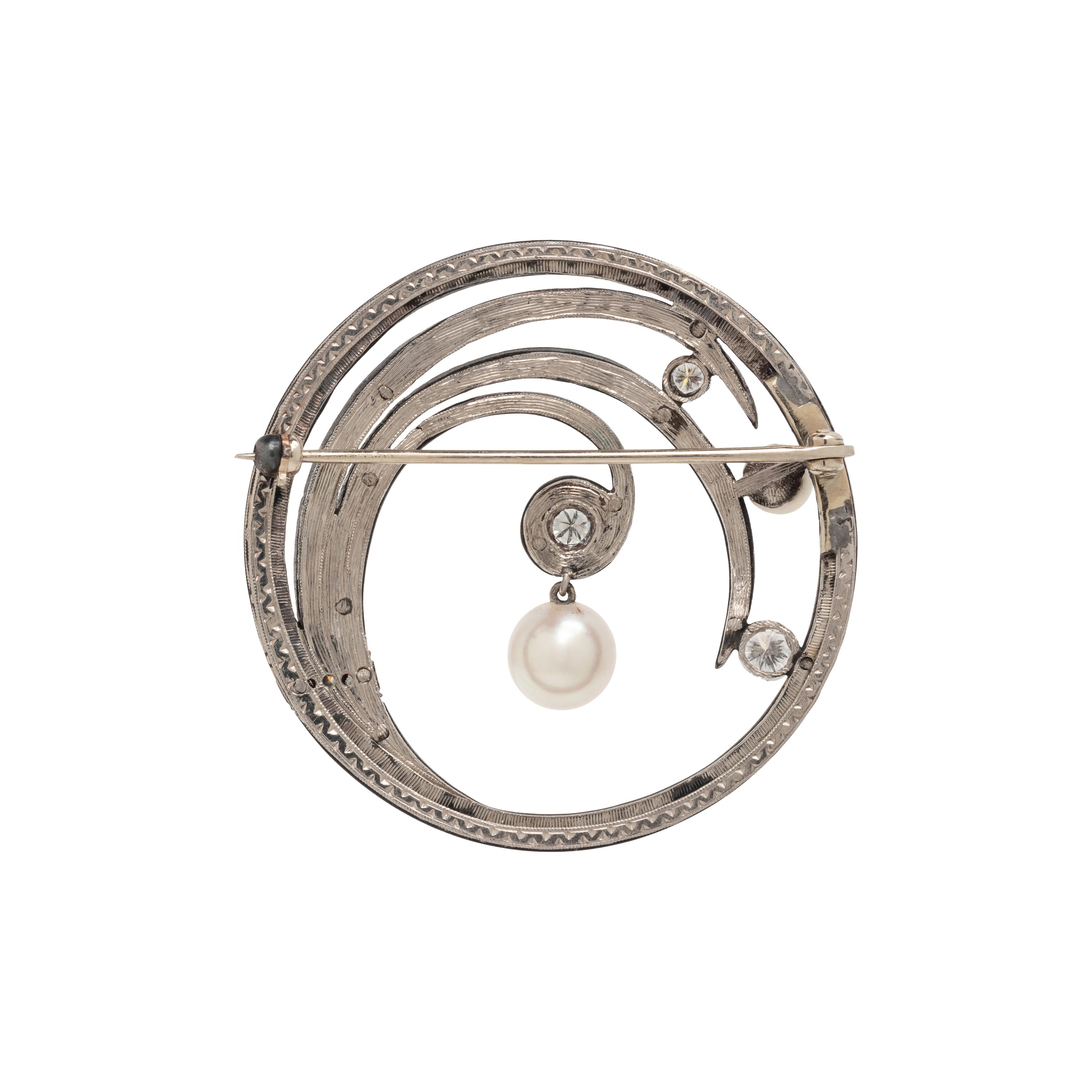 MARSH & CO., STEEL, DIAMOND, AND CULTURED PEARL BROOCH