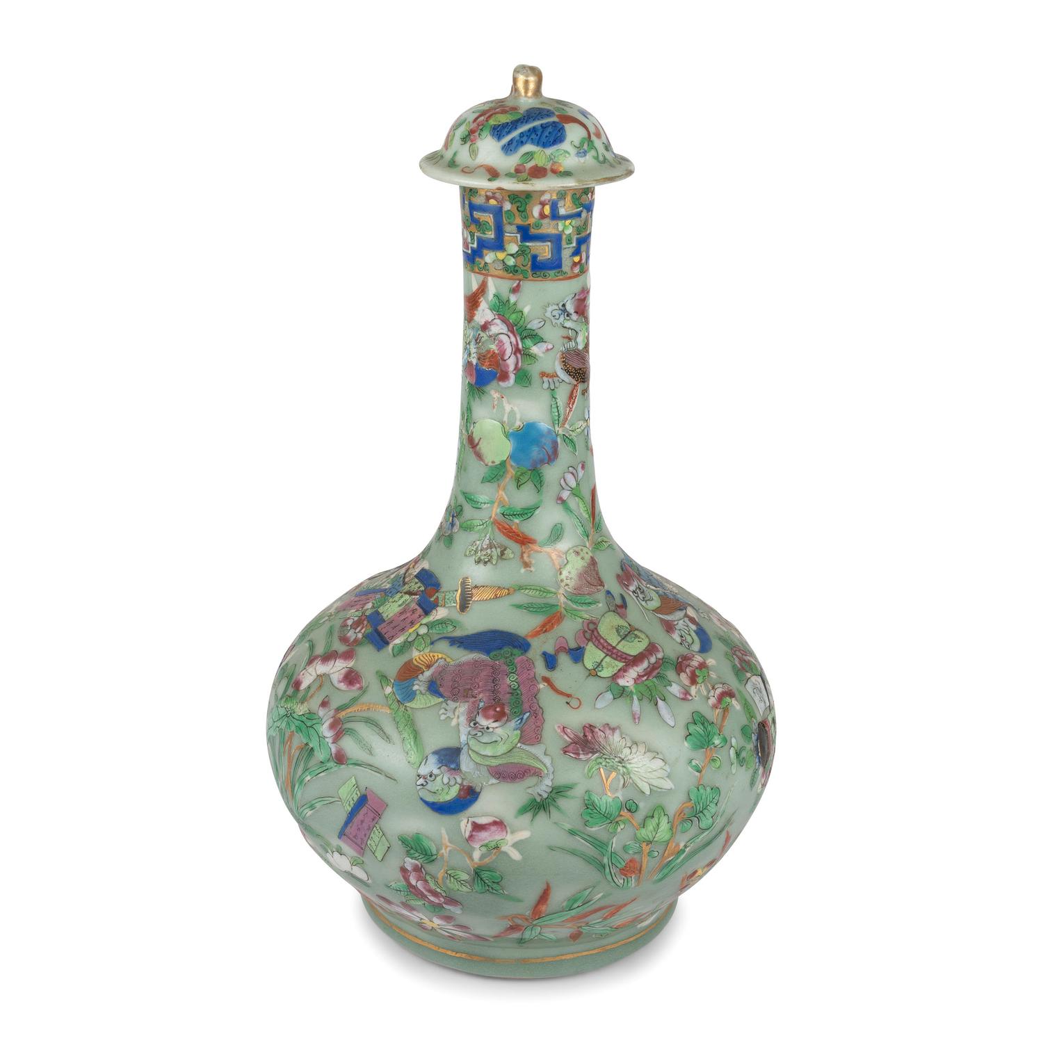 A Chinese Export Celadon Ground Famille Rose Covered Vase