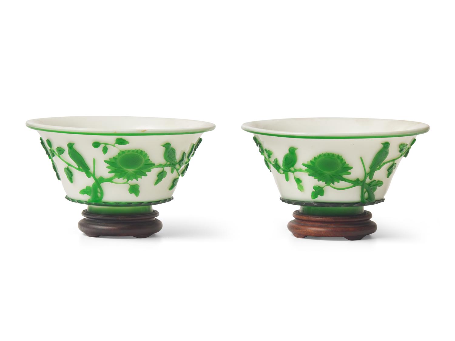 A Pair of Peking Green-Overlay Glass Bowls