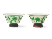 A Pair of Peking Green-Overlay Glass Bowls