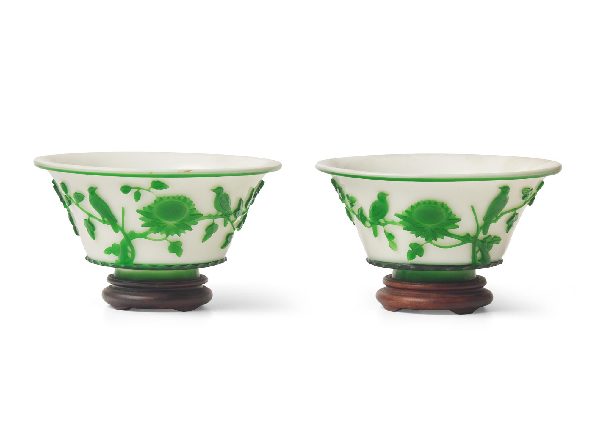A Pair of Peking Green-Overlay Glass Bowls