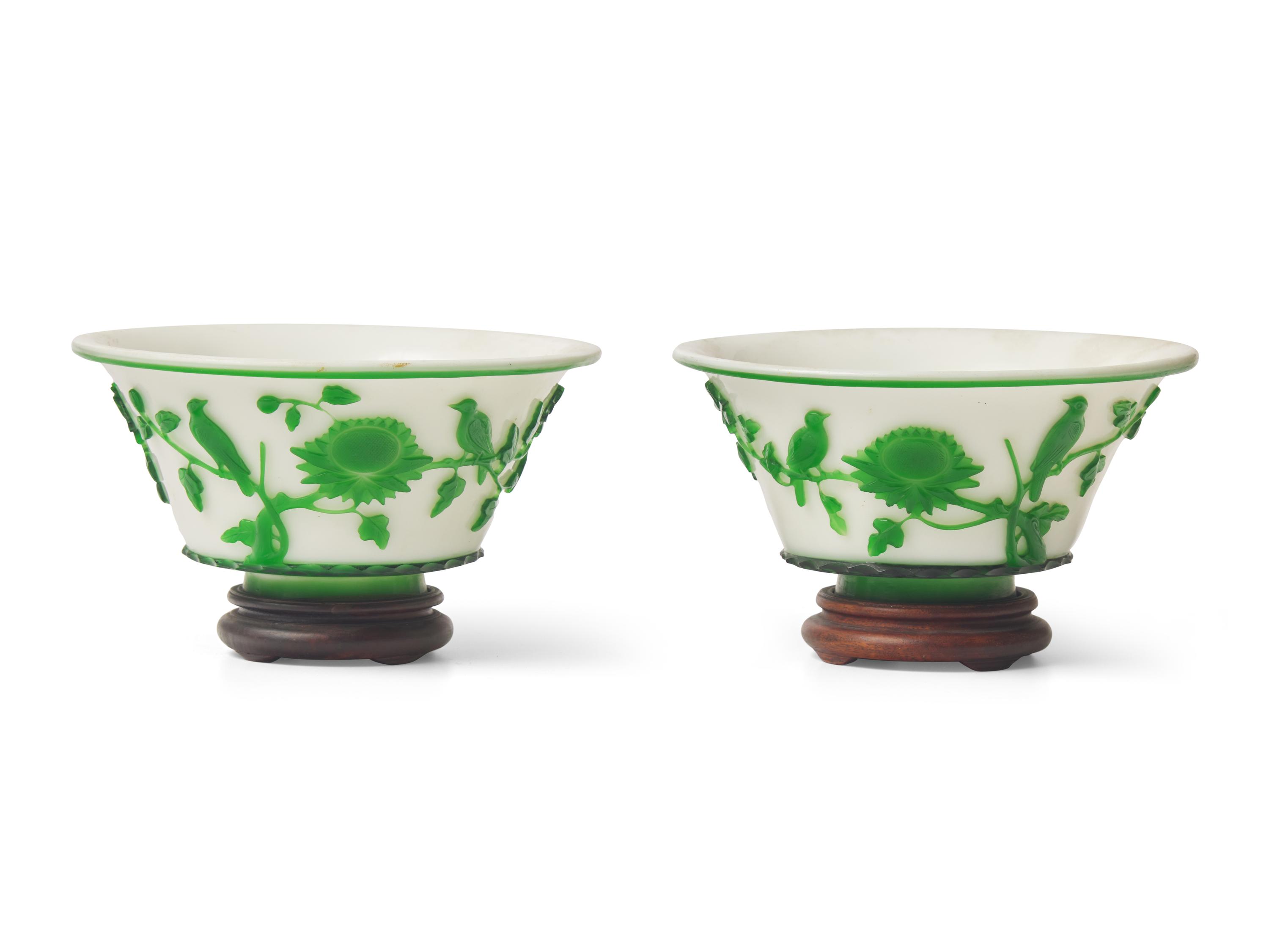 A Pair of Peking Green-Overlay Glass Bowls