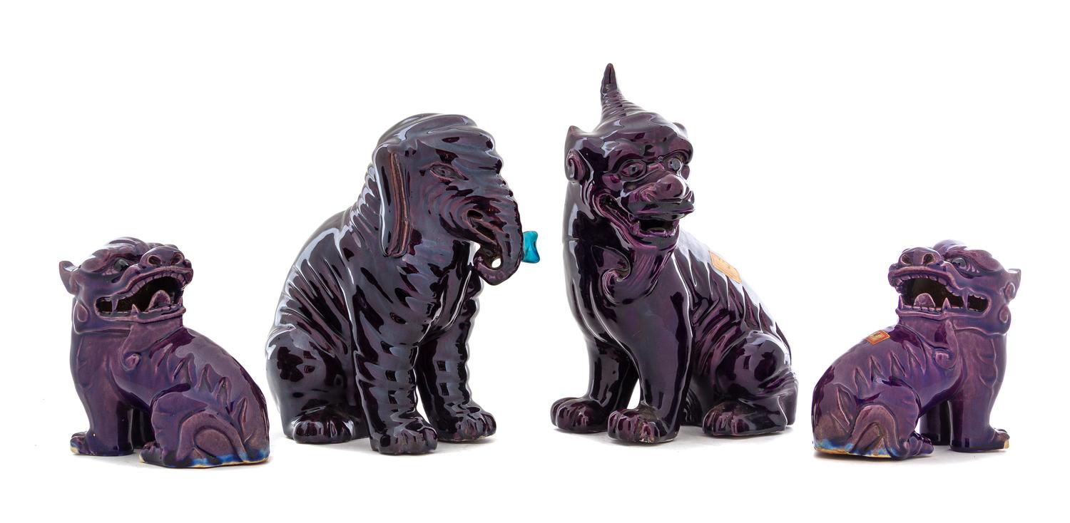 Four Aubergine Glazed Porcelain Animal Figures Height of tallest 11 inches. — LATE 19TH/EARLY 20TH CENTURY