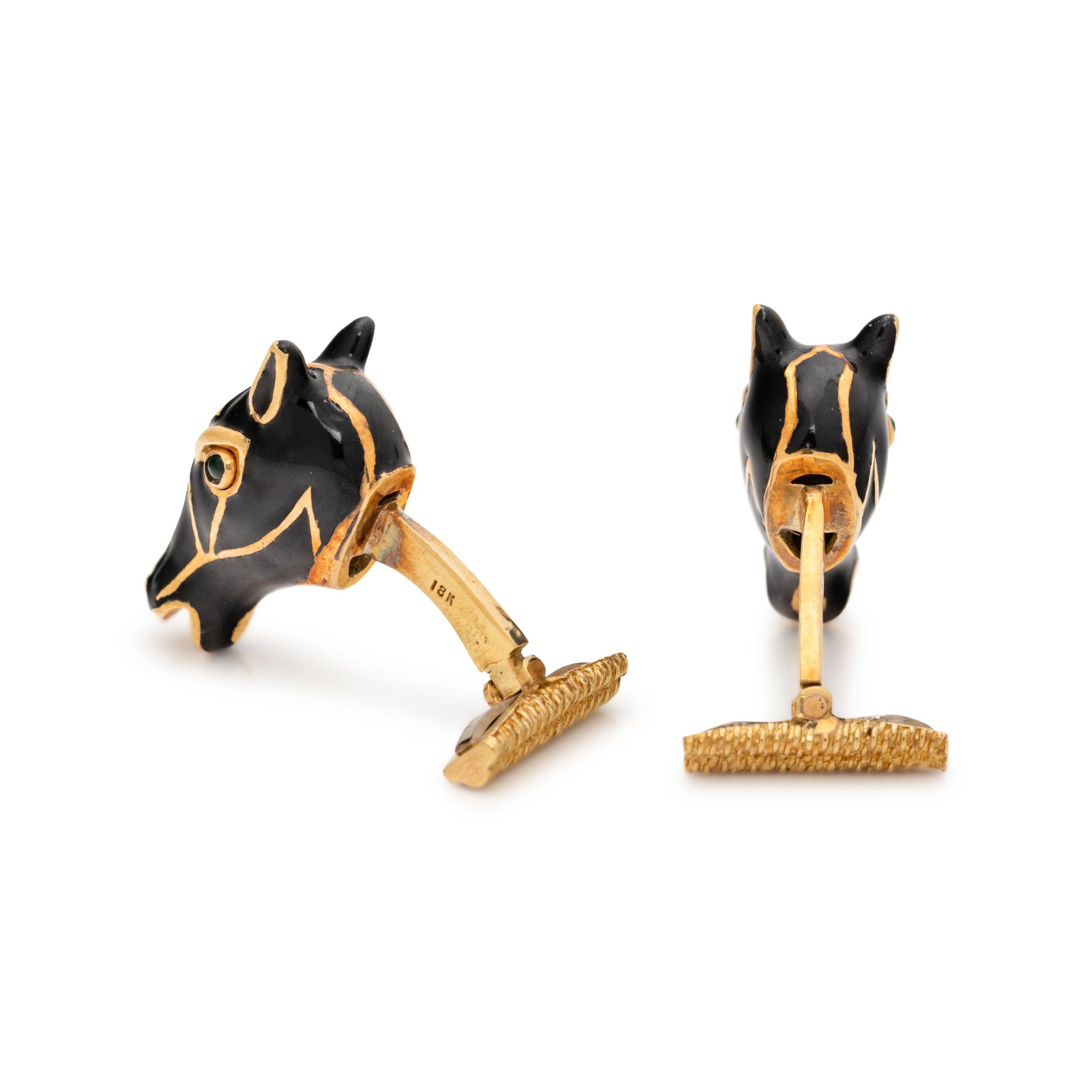DAVID WEBB, YELLOW GOLD AND ENAMEL HORSE CUFFLINKS